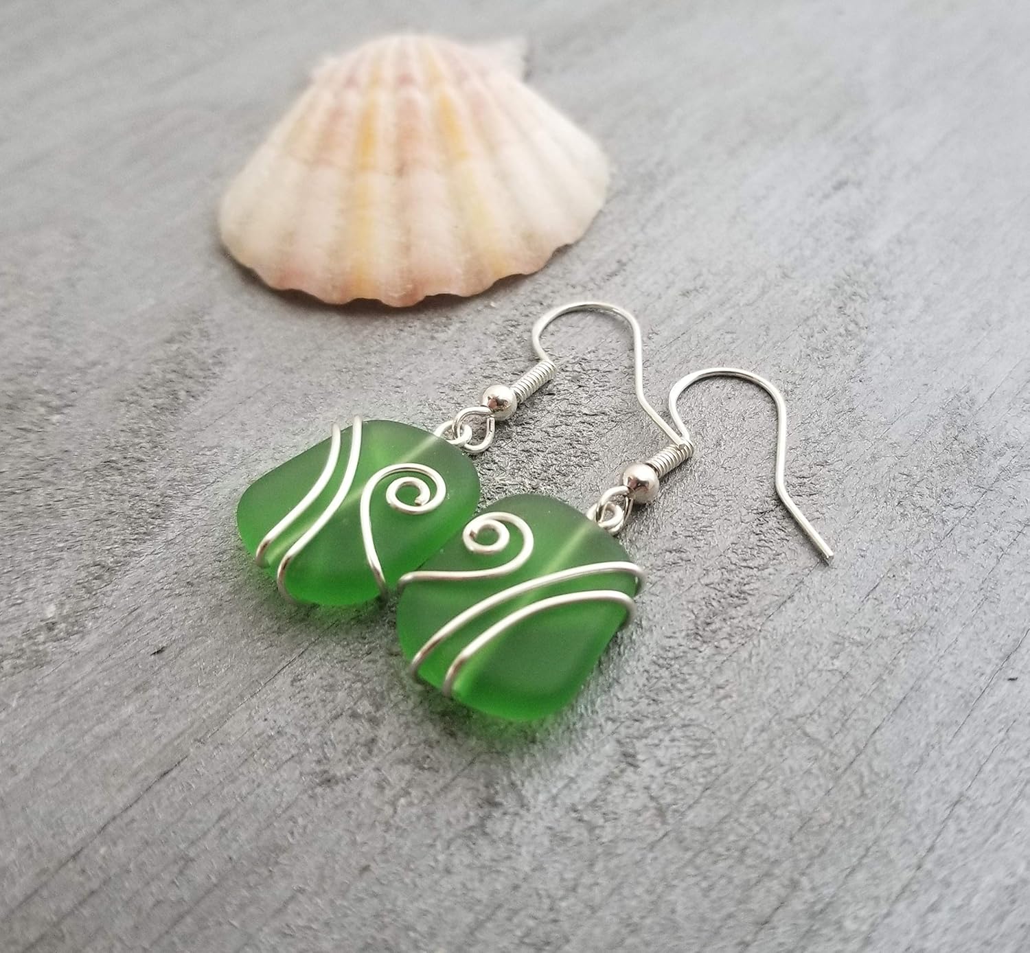 Handmade Sea Glass Earrings, Hawaiian Jewelry, Wire Emerald Green Earrings, Beach Glass Jewelry For Women Birthday Gift For Women (May Birthstone)