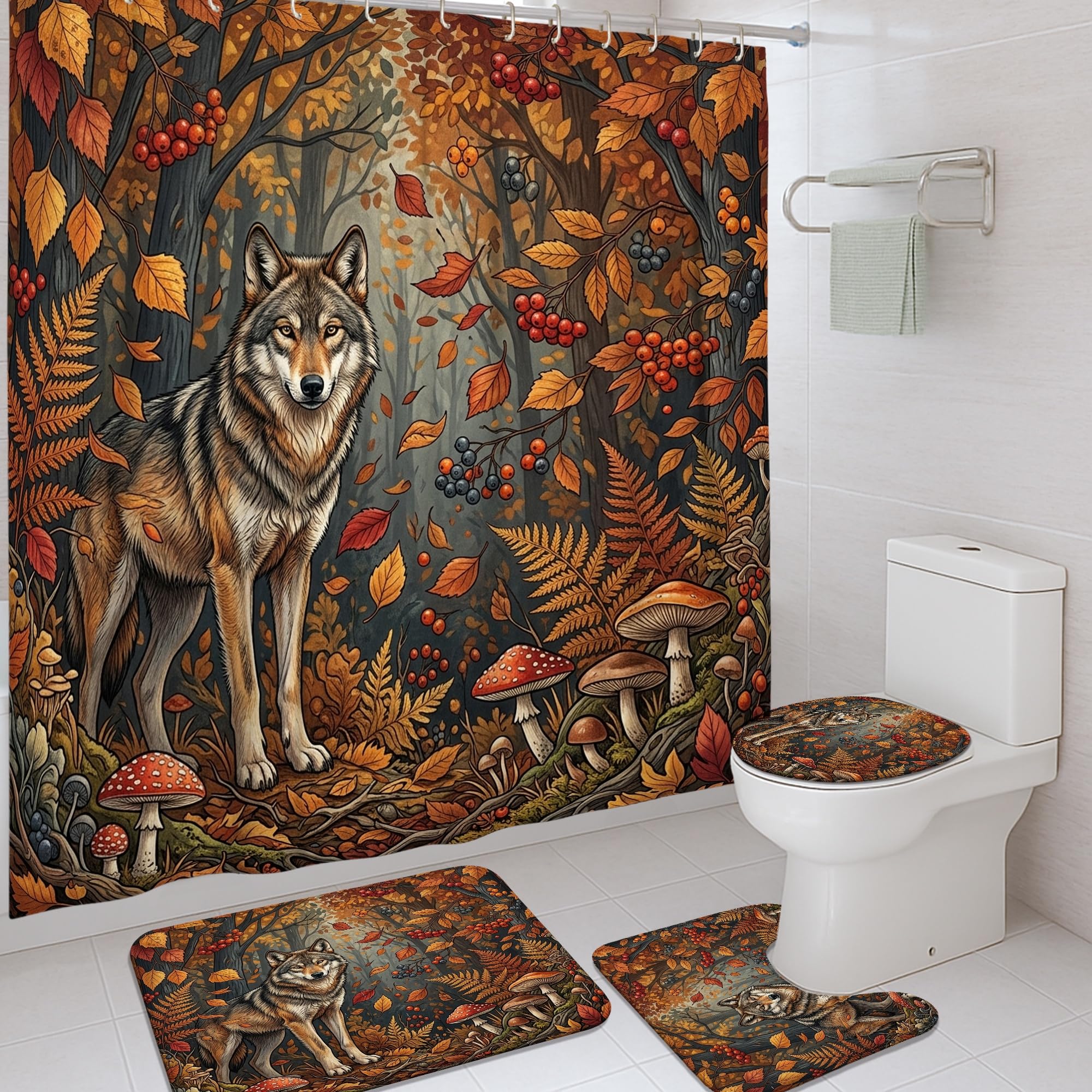 Rideau de douche loup anti-éclaboussures avec tapis de bain