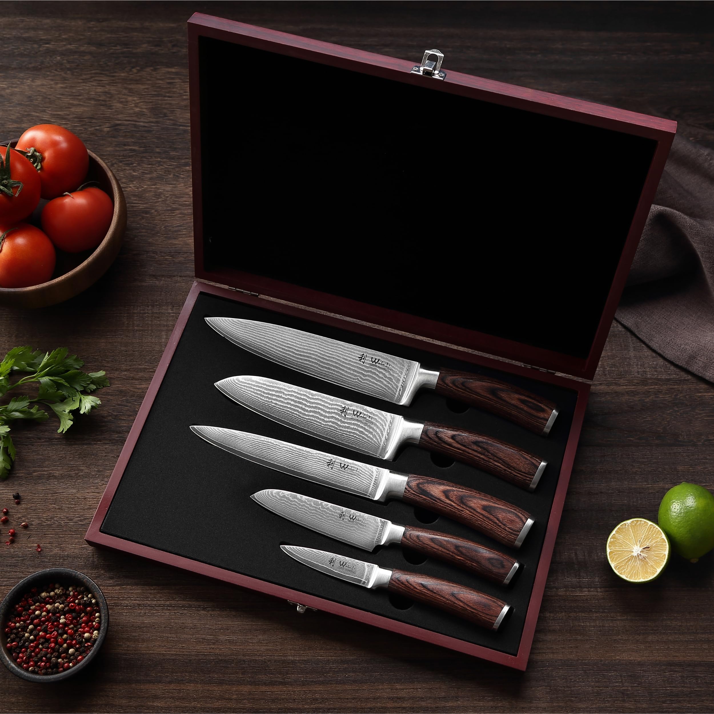 Wakoli EDIB Damastmesser Set (5-teilig) Küchenmesser Set aus 67 Lagen Damaststahl mit VG10-Kern, Pakkaholzgriffen, extrem scharfe Kochmesser, Chefmesser, Santoku, Fleischmesser, Gemüsemesser - Holzbox