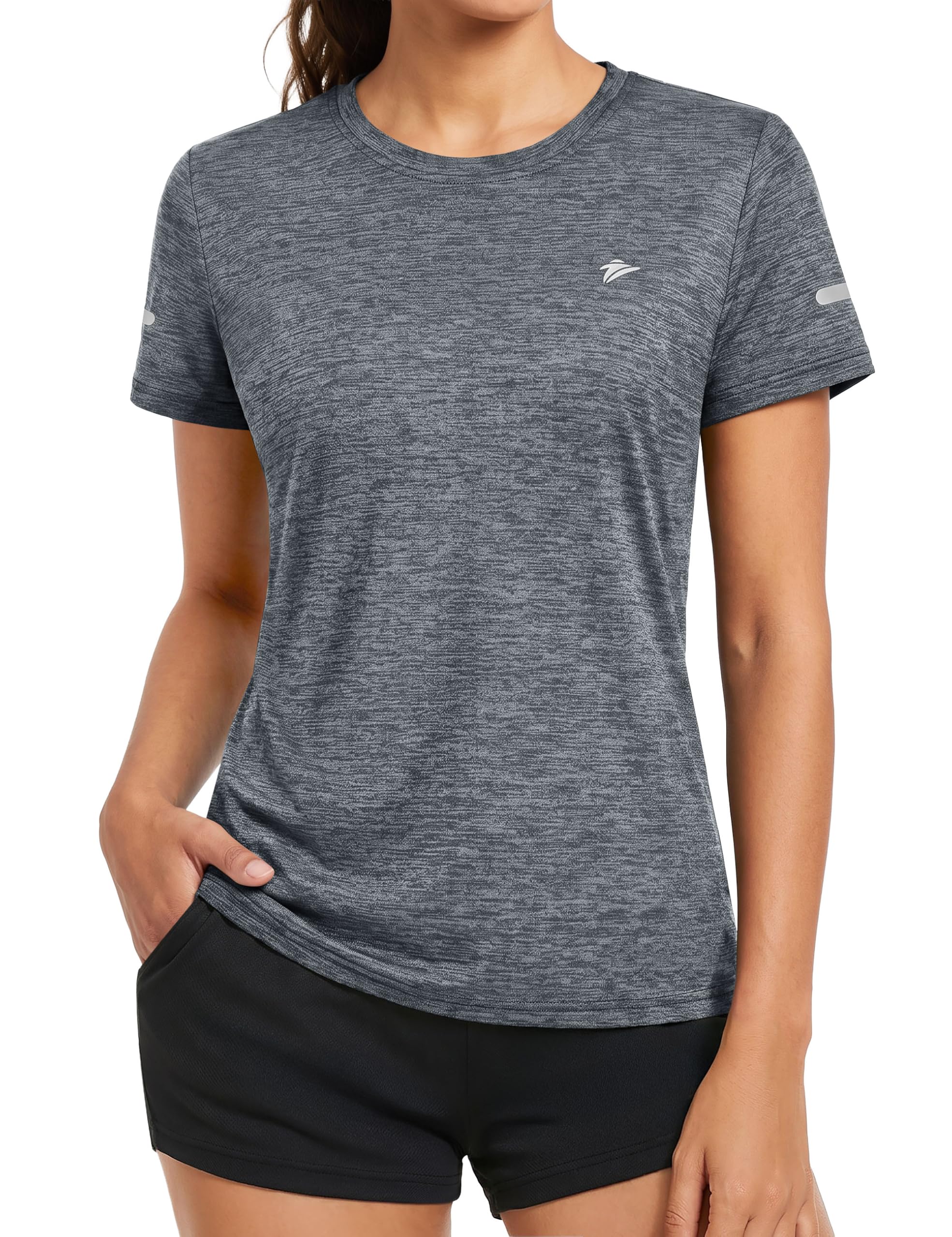 KEFITEVD Melange Sportshirt Damen Kurzarm mit Reflexstreifen Atmungsaktiv Stretch Funktionsshirt Rundhals Leicht Tshirt Schnelltrocknend Laufshirt Regular Fit