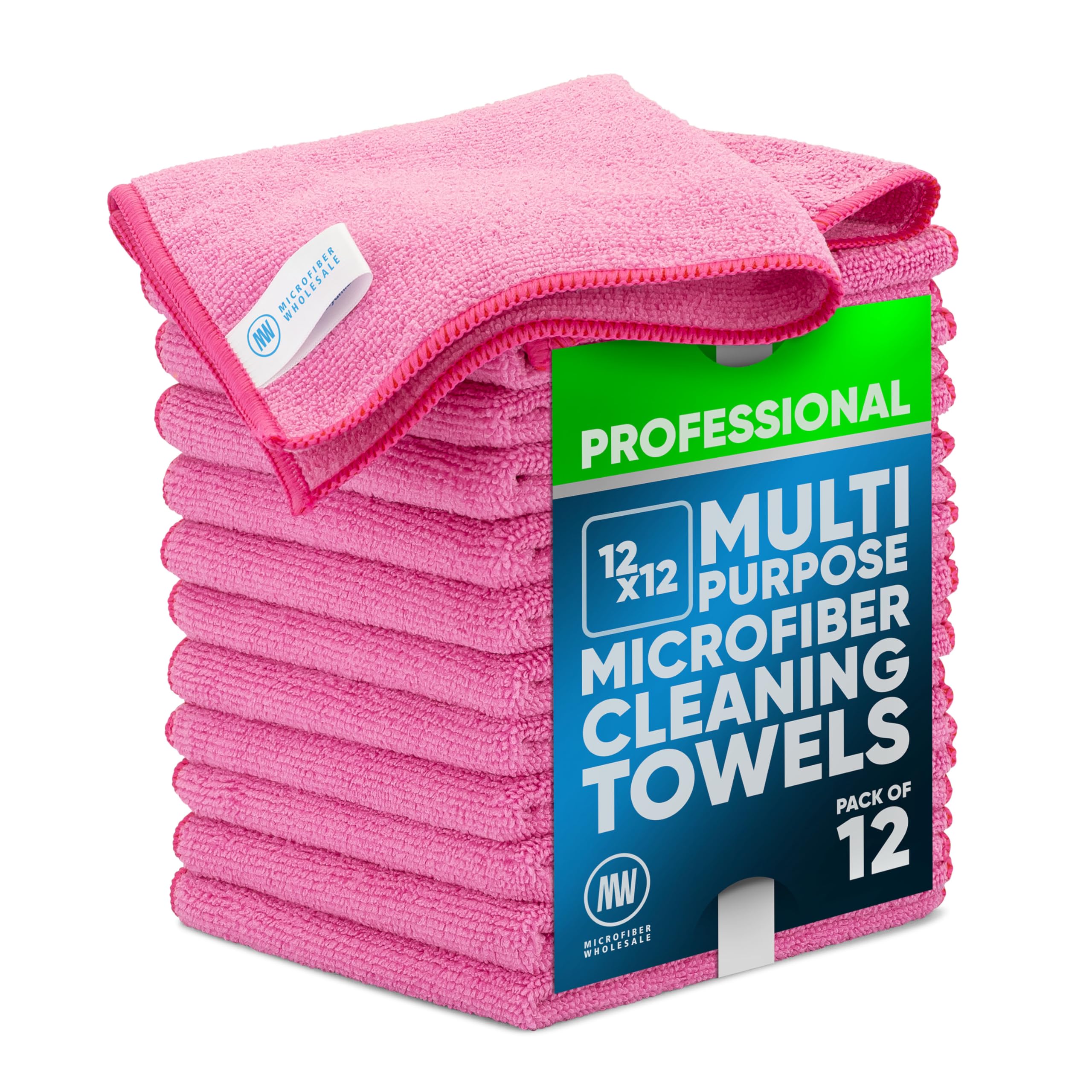 12" x 12" MW Pro Multi-Surface Microfiber Cleaning Cloths | Pink - 12 Pack | Premium Microfiber Towels for Cleaning Glass, Kitchens, Bathrooms, Automotive, Supplies & Products