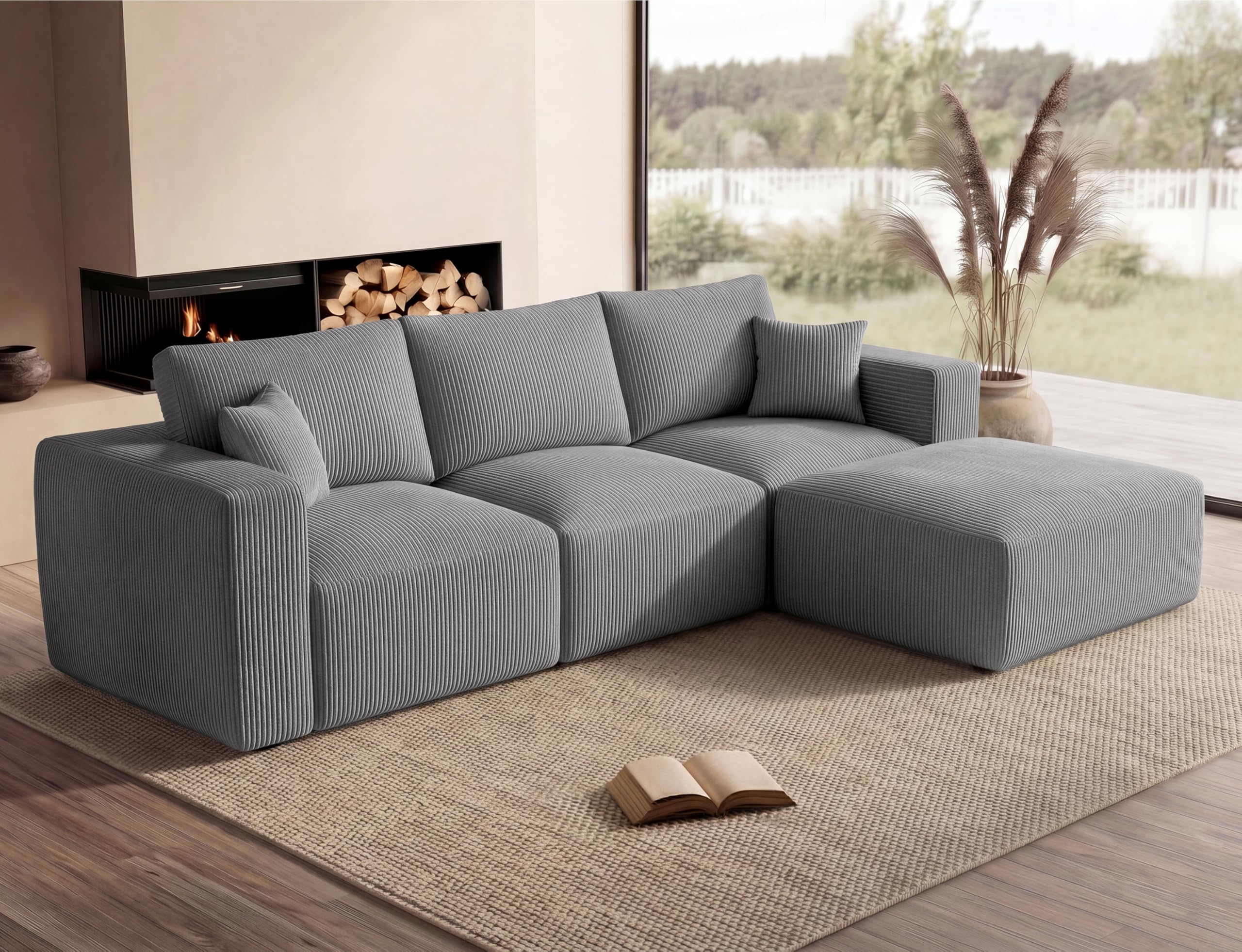 Living&Giving（WALKBON） Living&Giving 115" Modular Cloud Boneless Couch, L-Shaped Sectional Sofa with Ottoman, Premium Corduroy Floor Couch, High-Density Foam & Firm Back Support for Living Room Apartment, Grey