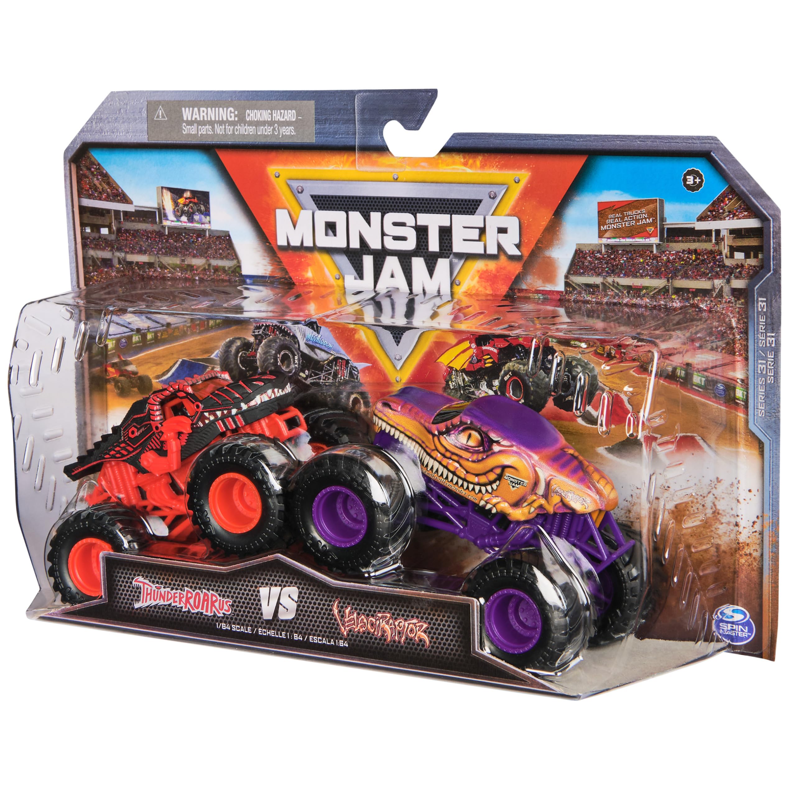 Monster Jam, ThunderROARus vs. Velociraptor Monster Truck pressofuso, scala 1:64, giocattoli per bambini dai 3 anni in su