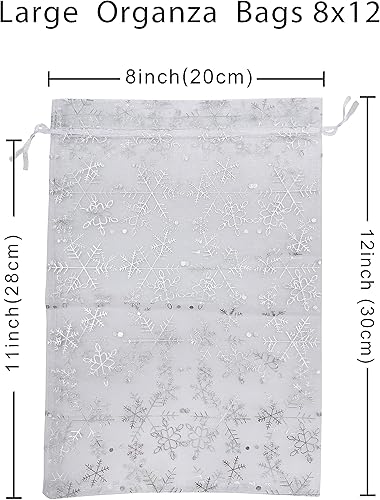 Miniatura 2 de Paquete de 50 bolsas de organza de Navidad de 8 x 12 pulgadas, diseño de copo de nieve, bolsa de regalo grande de Navidad con cordón para embalaje,