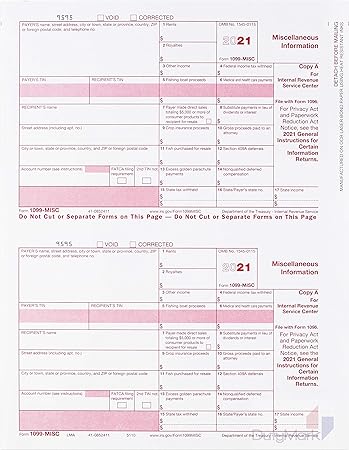 Amazon Com 1099 Misc Federal Copy A Income Form 100 Laser Tax Recipients Pack 21 Office Products