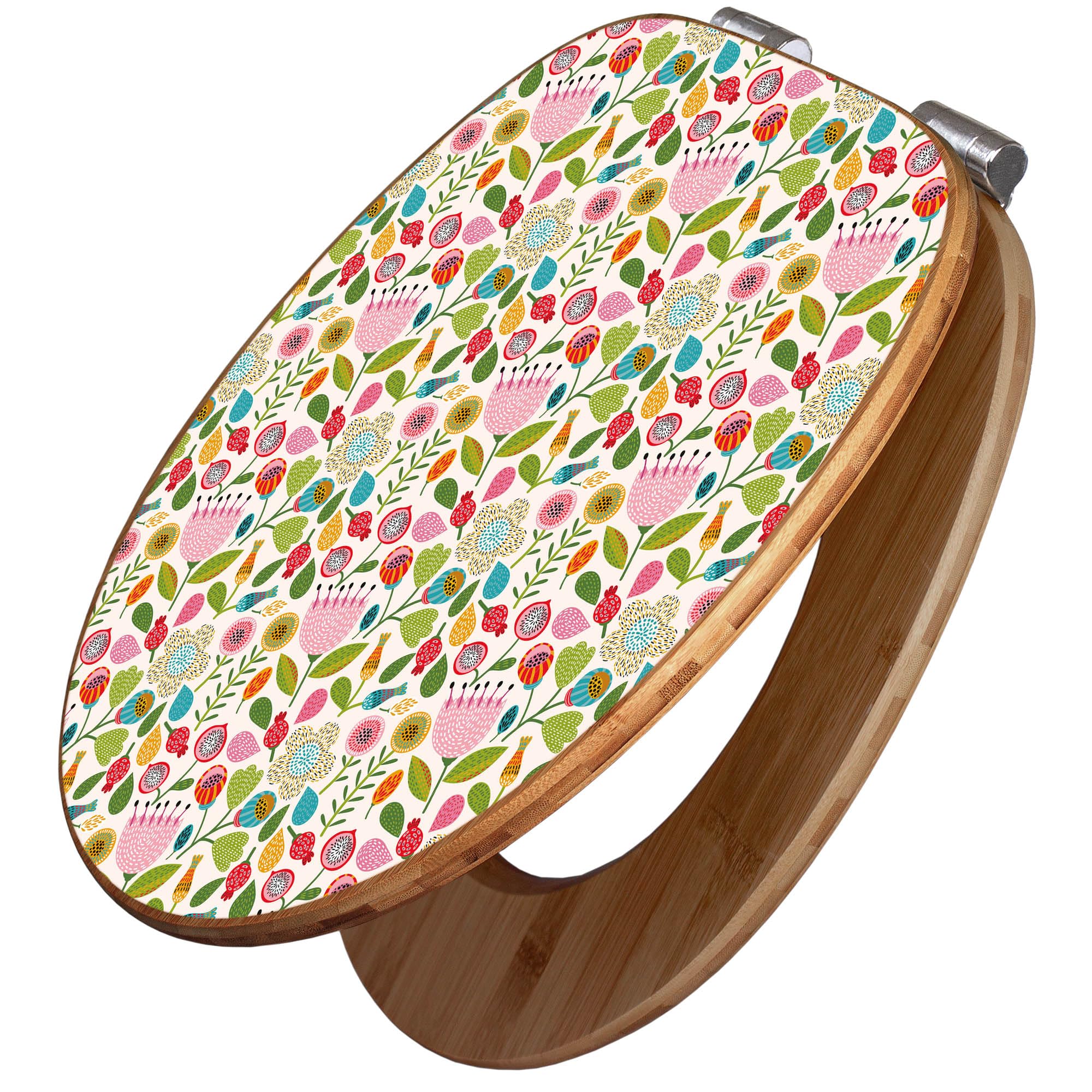 banjado Design WC Sitz Bambus Absenkautomatik 45,8x37,5cm - Toilettendeckel mit Absenkautomatik Holz - hochwertiger Bambus Klodeckel - WC-Sitz für gängigen Toiletten - Motiv Rosa Kelch Hell