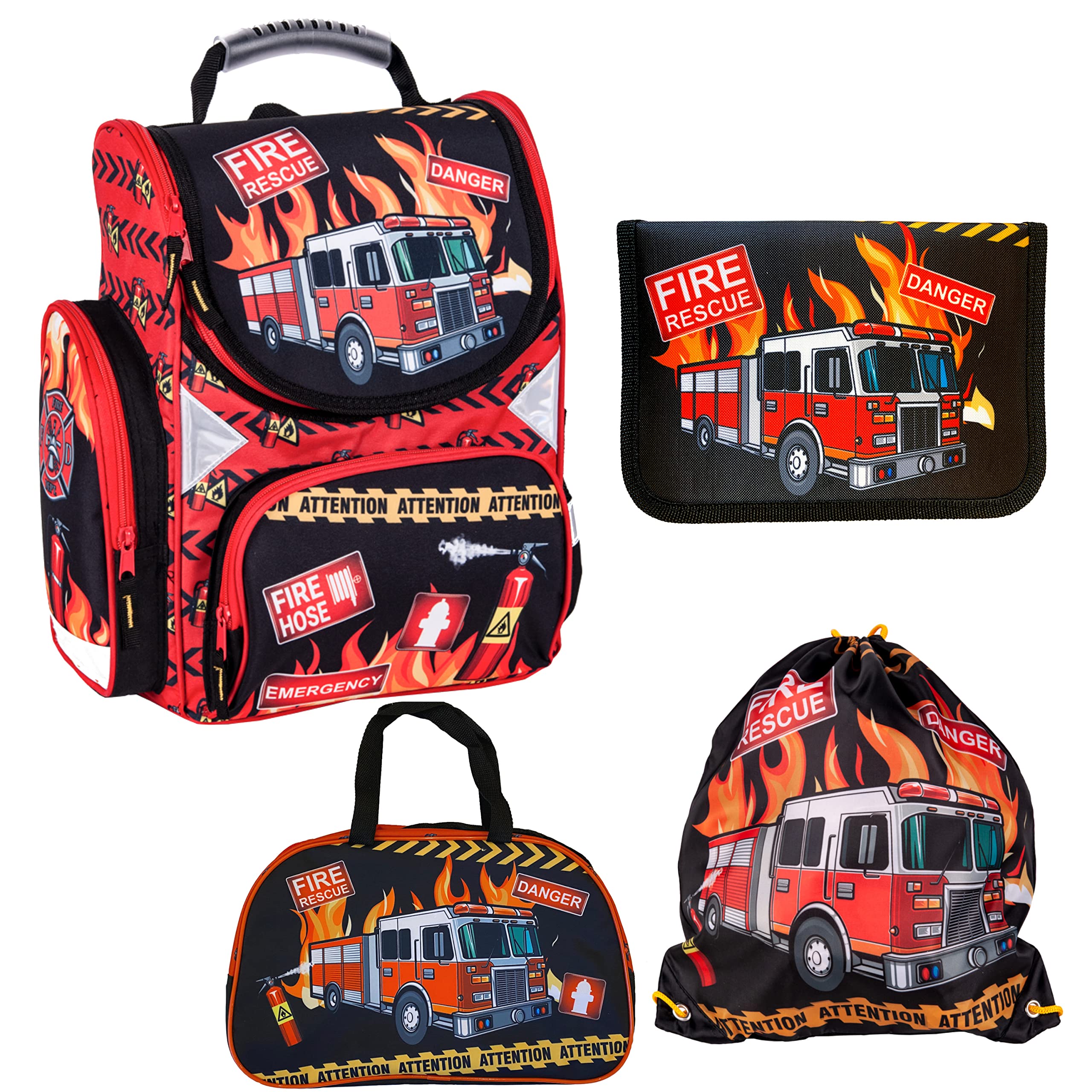 Goldkids Feuerwehr Firefighters Schulranzen Grundschule ergonomischer Ranzen Federmappe Federtasche Federmäppchen ohne Inhalt Turnbeutel Sporttasche 4er Set Fire