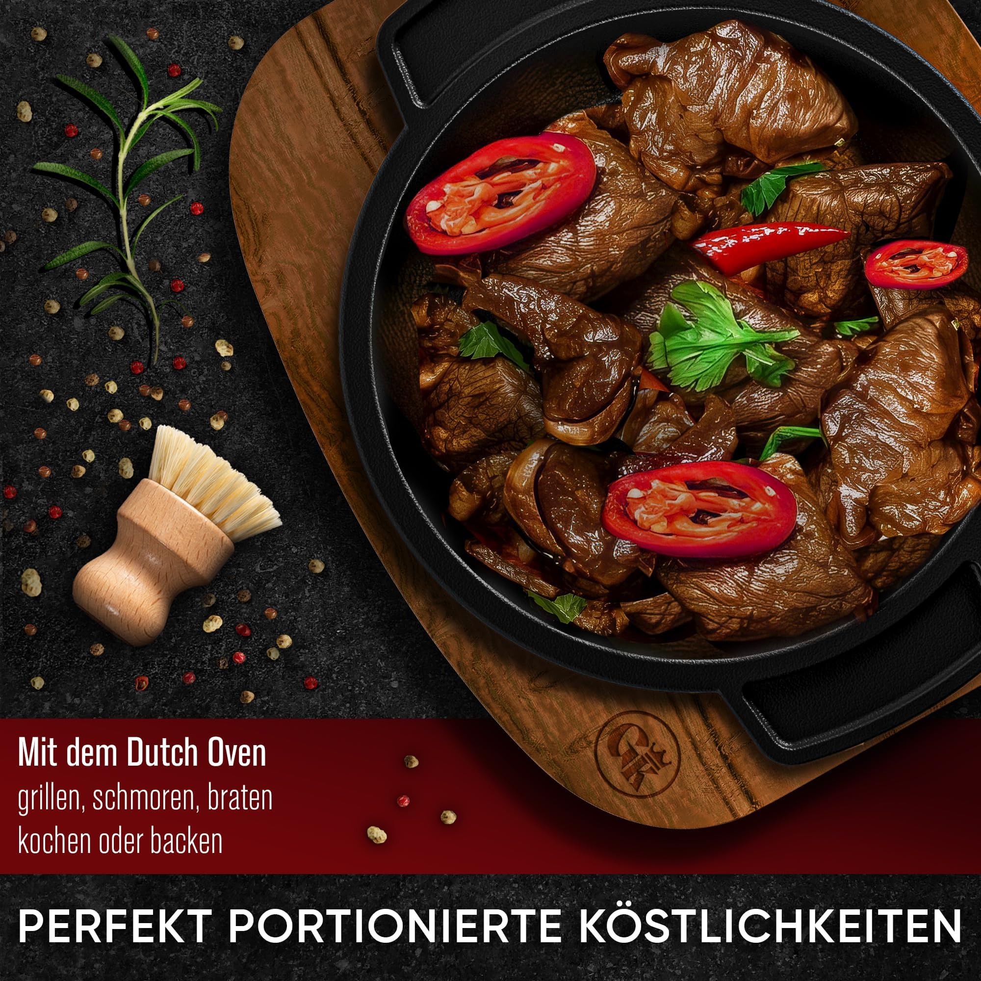 GUSSKÖNIG Dutch Oven Set Mini mit Holz-Untersetzer – 4x 300 ml Gusseisen Mini Topf mit Deckel–eingebrannter Mini Dutch Oven–Mini Cocotte Gusseisen Servierpfännchen–inkl. Pflegepaste–30 Jahre Garantie