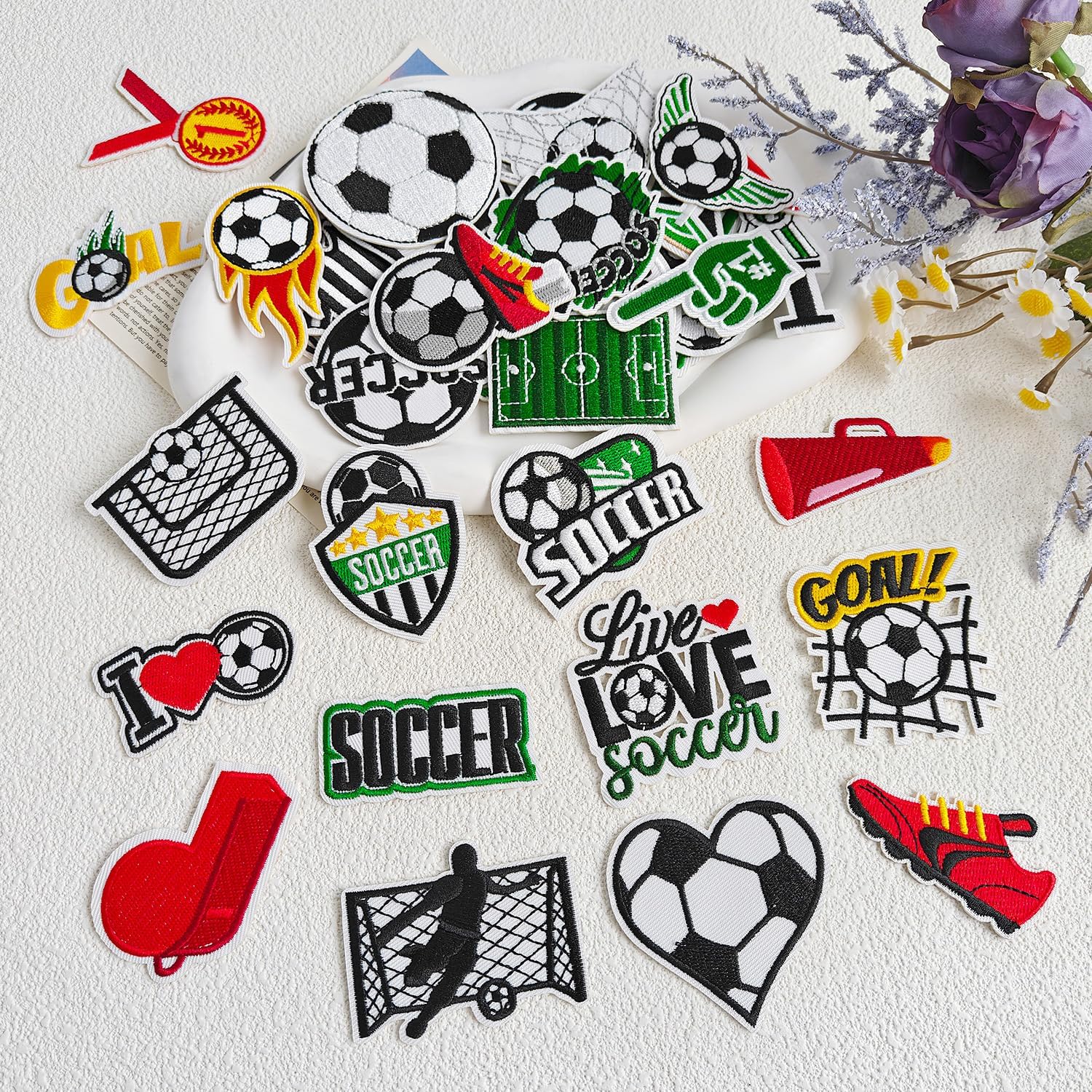 SYLVASS 36-Piece Soccer Iron On Patches, Embroidered Soccer Appliques for Clothing, Backpacks, Hats, Jerseys, Jeans DIY​ Accessory
