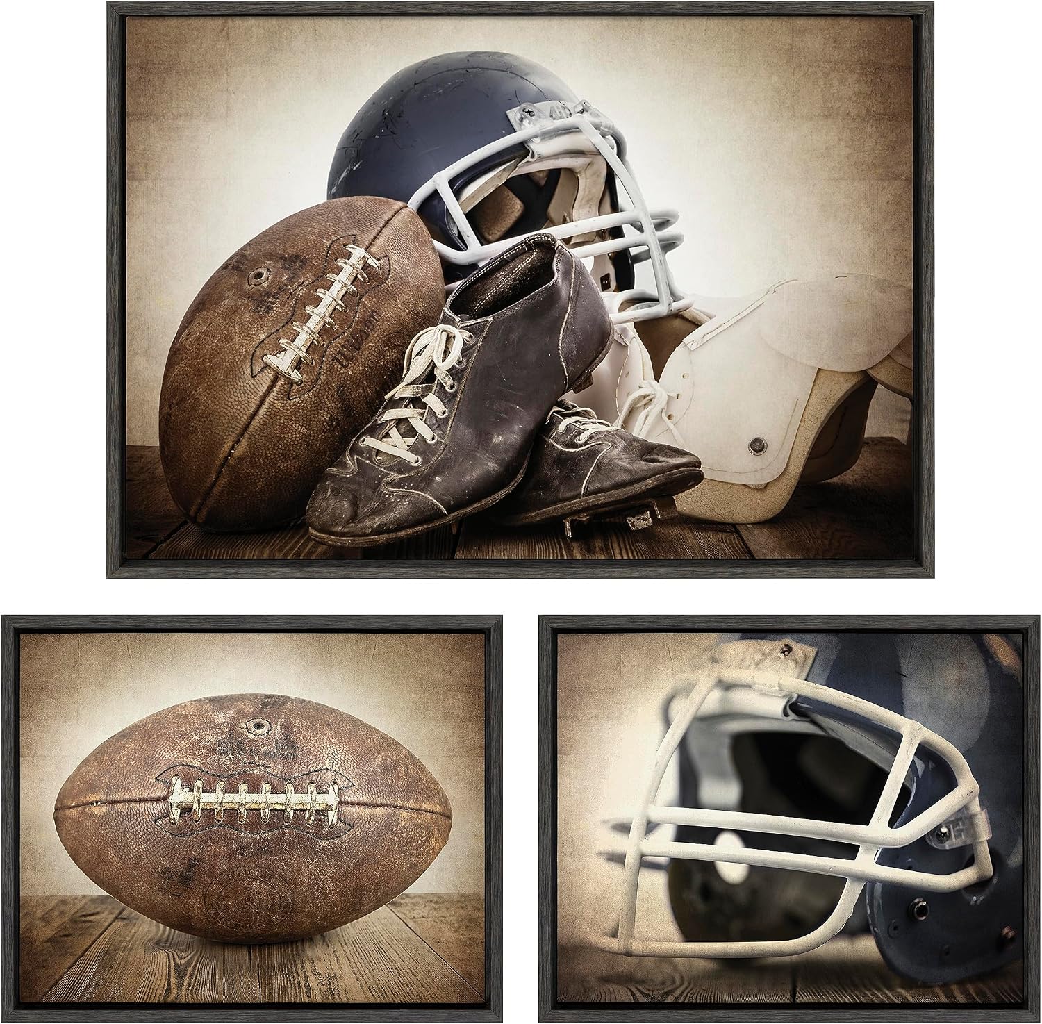 Kate and Laurel Sylvie Vintage Football, Vintage Football Gear and Vintage Football Helmet Framed Canvas Wall Art Set by Saint and Sailor Studios, 3 Piece Set Gray, Retro Football Art for Wall