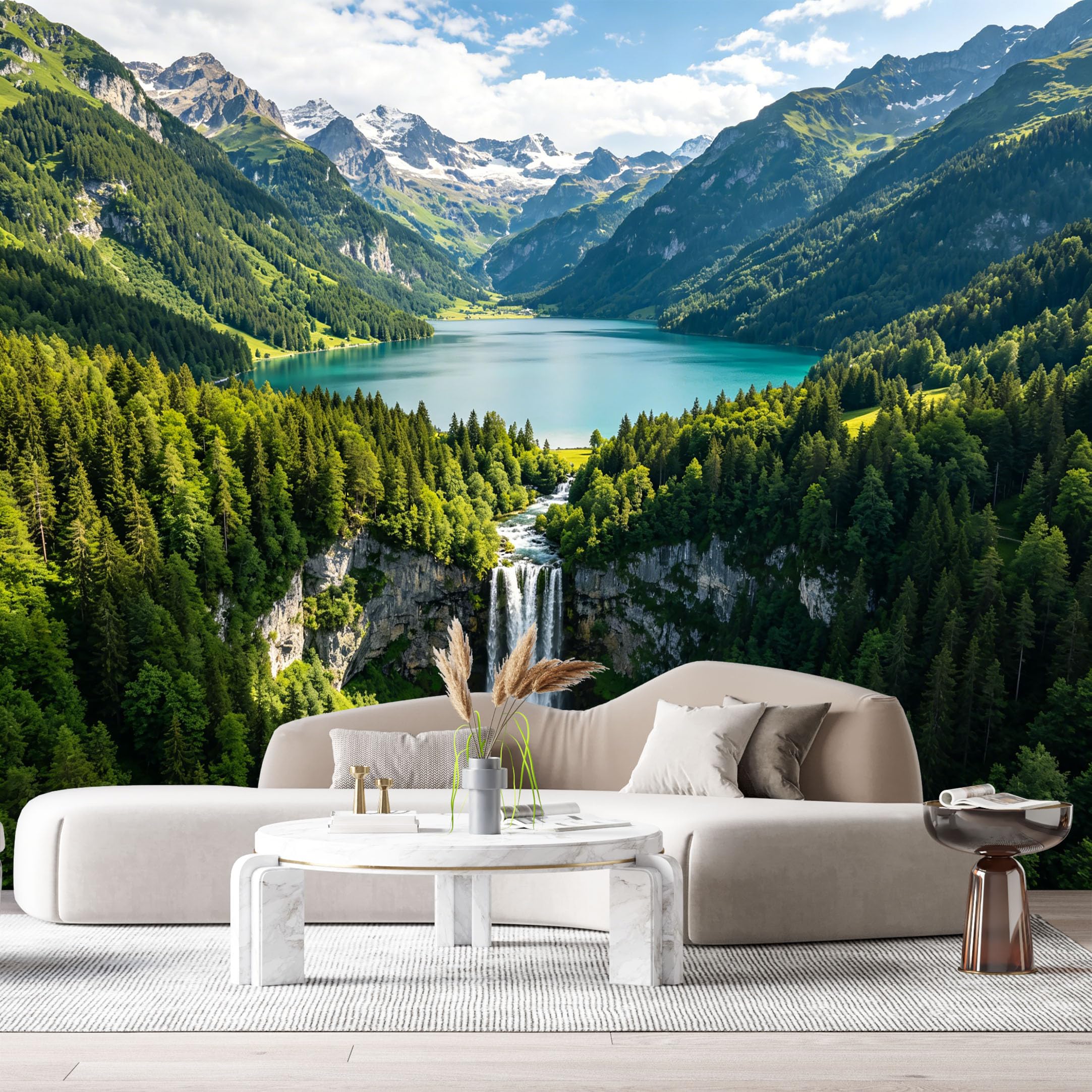 Custom Size Wall Murals Alpine Lake Waterfall Mountain Landscape Forest Nature Scenic SelfAdhesive Wall Fabric Removable Large Wallpaper for Photo Living Room