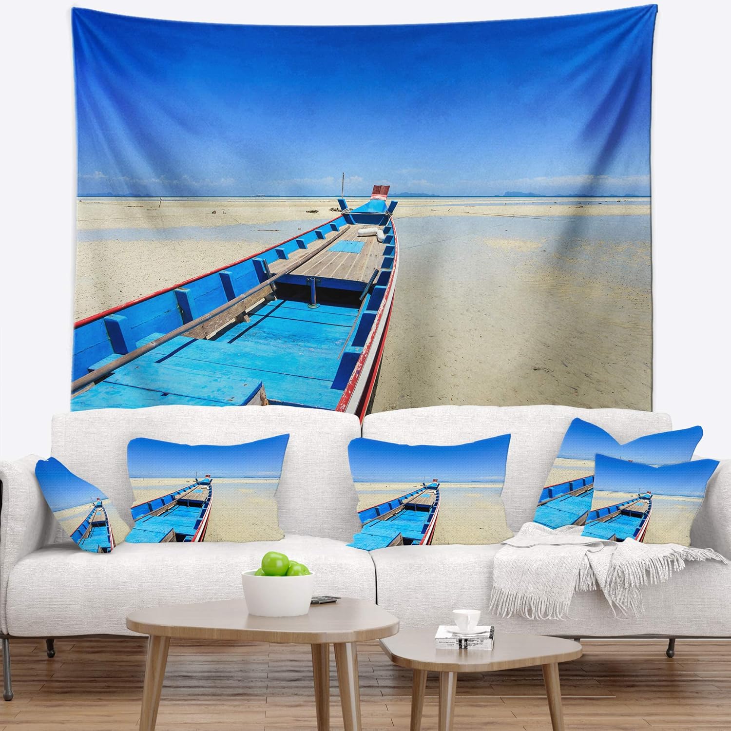 Designart ' Long Tail Boat Stand at The Beach' Seashore Tapestry Blanket Décor Wall Art for Home and Office Large: 60 in. x 50 in