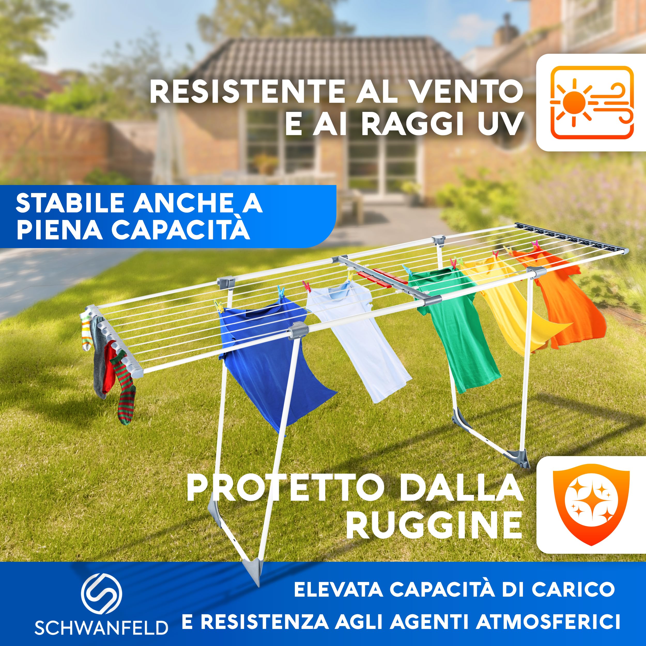 SCHWANFELD Stendibiancheria allungabile 20 m – Stand pieghevole XXL – Asciugatrice alta qualità