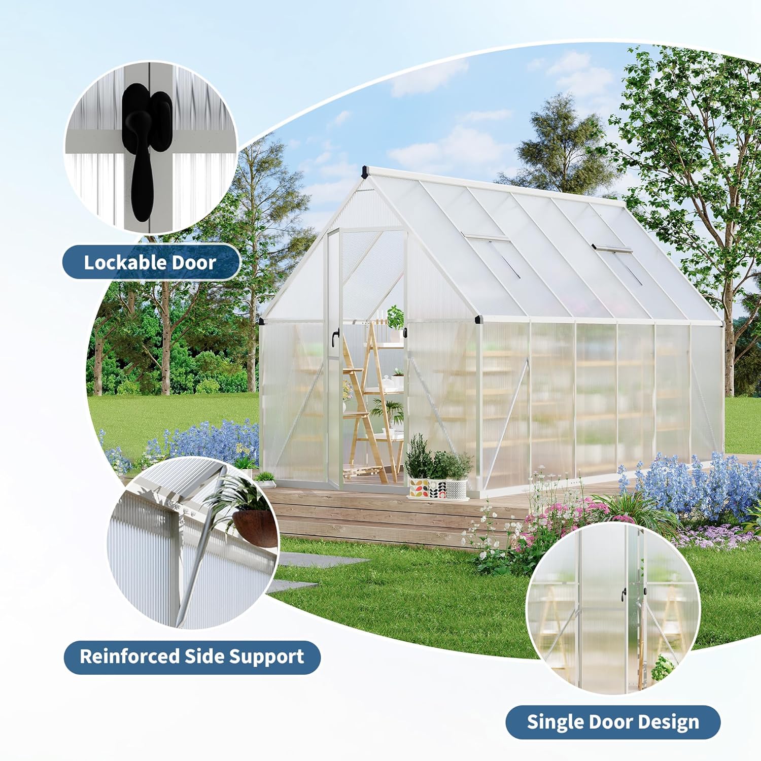 Polycarbonate Greenhouse for Outdoors, Large Walk-InGreenhouse with Quick Setup Structure and Roof Vent, Greenhouse with Ventilation