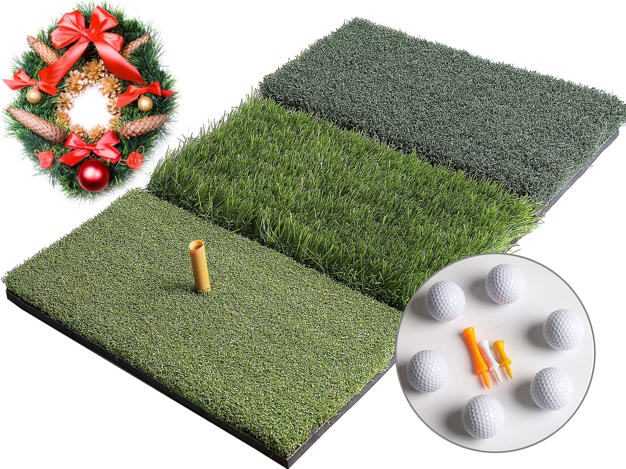 Golf 3-in-1 Turf Grass Mat Includes 6 golf balls and 1 Rubber Tee 3 Plastic Tees with Golf Tees,Tight Lie,Rough and Fairway for Driving,Chipping and Putting Golf practice and Training - 25x16in