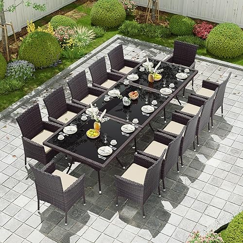 Miniatura 28 de Kullavik Juego de 15 muebles de comedor para exteriores, juego de muebles de ratán para patio, mesa de comedor y sillas con 12 sillas y cojines,