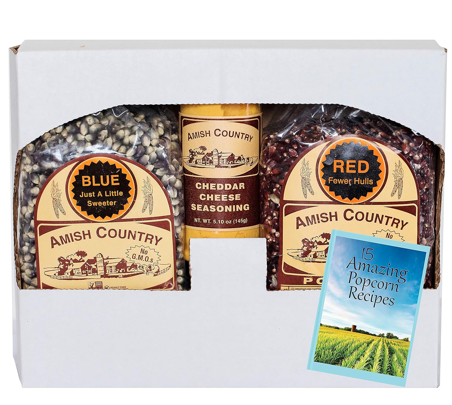 Amish Country Popcorn | 2-2 lb Bags | Red and Blue Popcorn Kernels with Cheddar Cheese Seasoning Variety Set | Old Fashioned, Non-GMO and Gluten Free