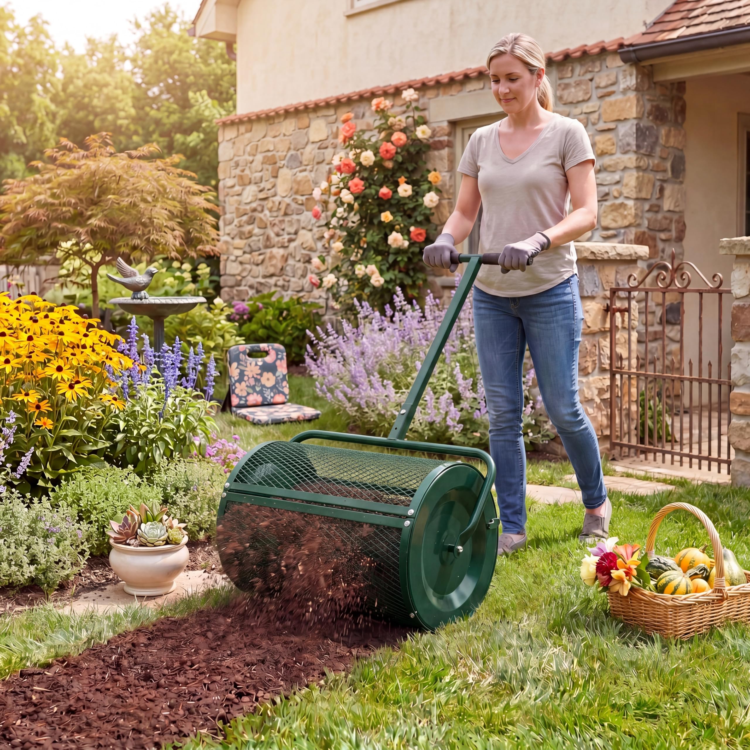 GYMAX Esparcidor de Semillas de Césped, Esparcidor de Abono con Mango de 2 Alturas Ajustables, Estructura de Metal Resistente, Bloqueos Laterales, Dispensador de Compost para Jardín (Verde)