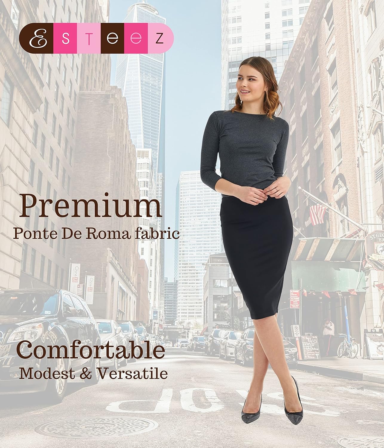 ESTEEZ Women's Pull-On Stretch Ponte Office Pencil Skirt 'Houston' - Image 5