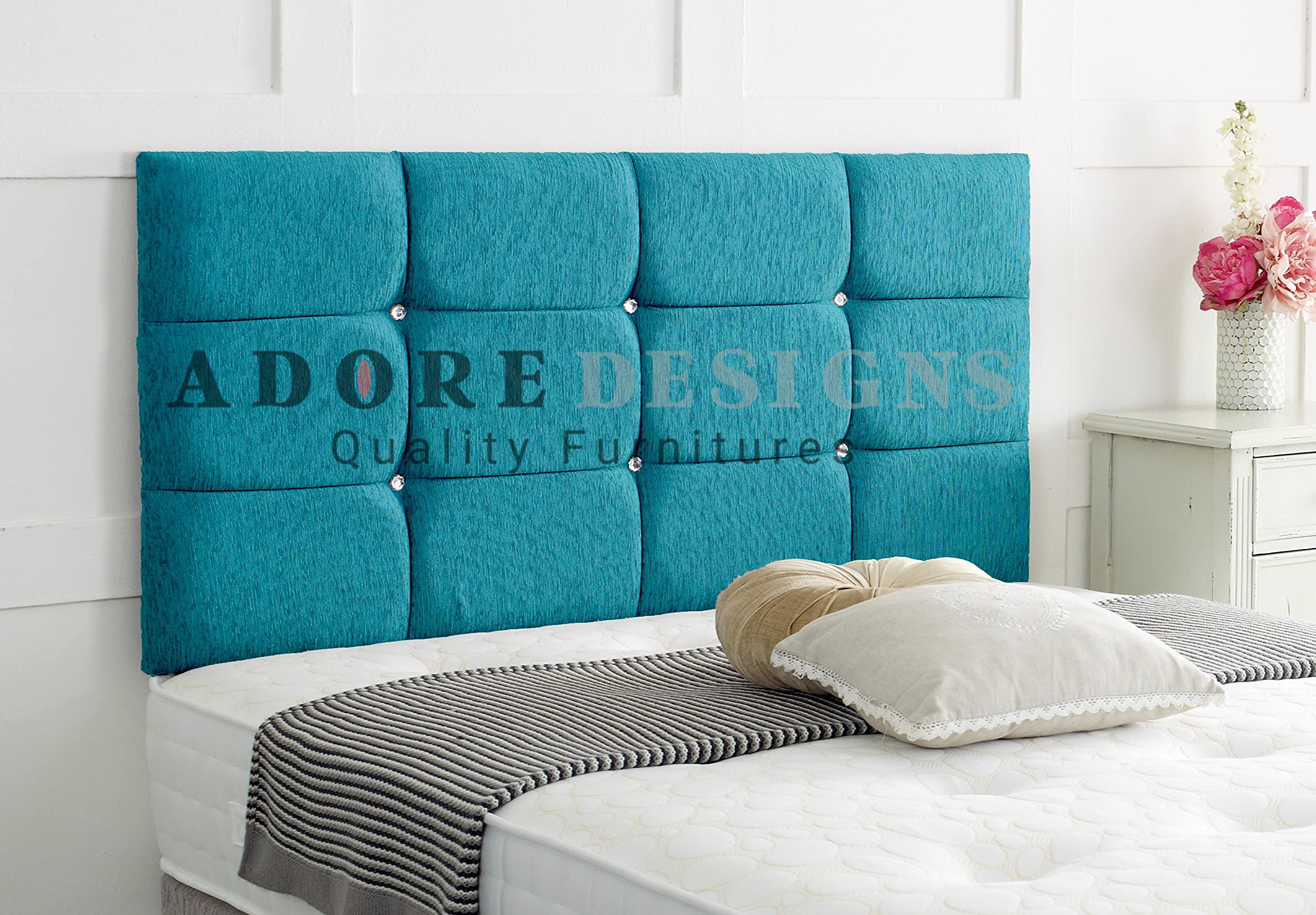 Divan Bed Headboard Roma Chenille 20" Height Padded Cubed Headboard (Teal, 3ft Single)