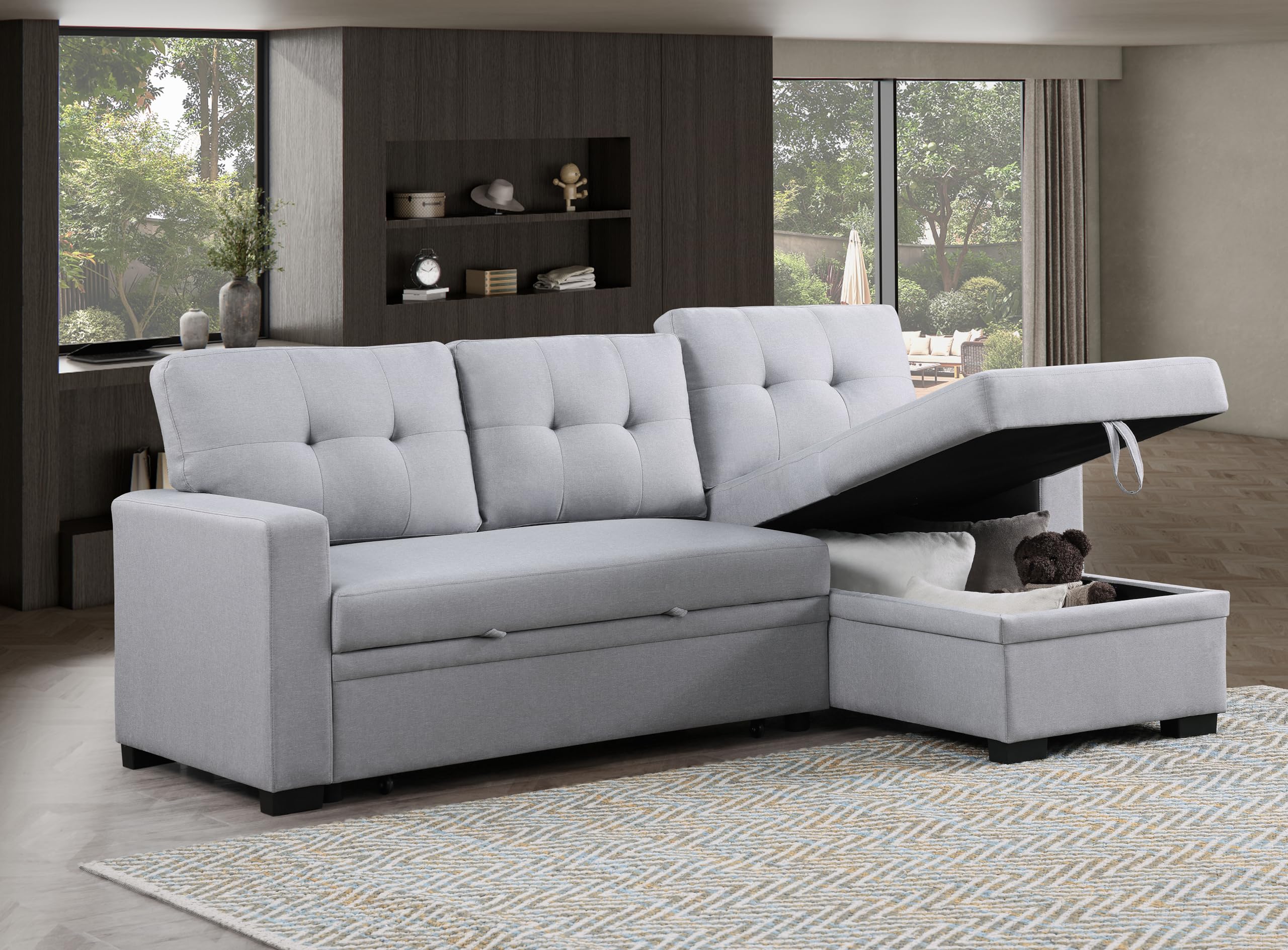 (box B)ERYE Reversible Sleeper Bed Sectional Sofa Couch L-Shaped Corner Pull Out Sleep Sofabed, Soft Linen Upholstered Tufted Sofa&Couch with Storage Chaise and Padded Square Armrests for Living Room