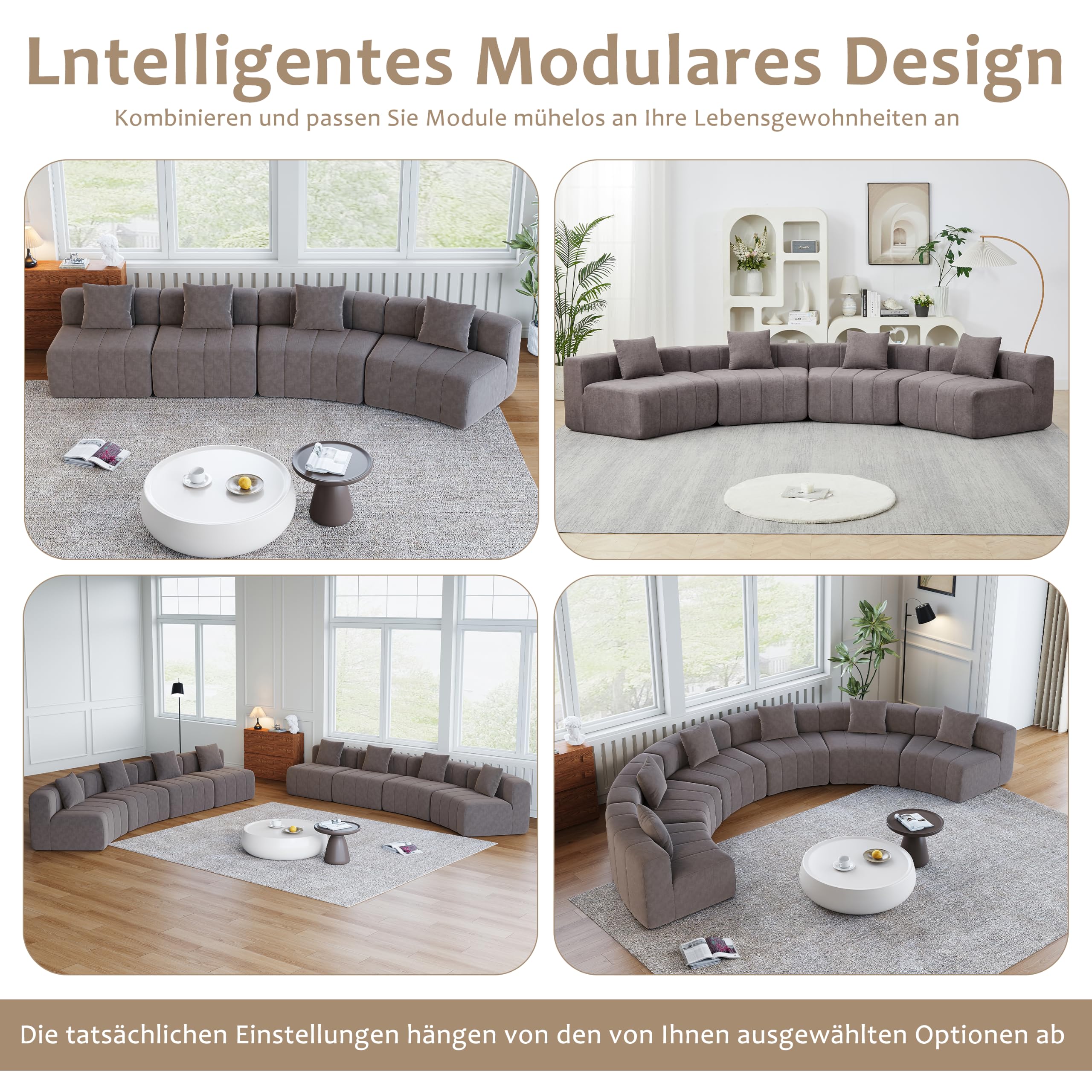 Sofá modular de chenilla semicircular con 2 cojines, moderno y