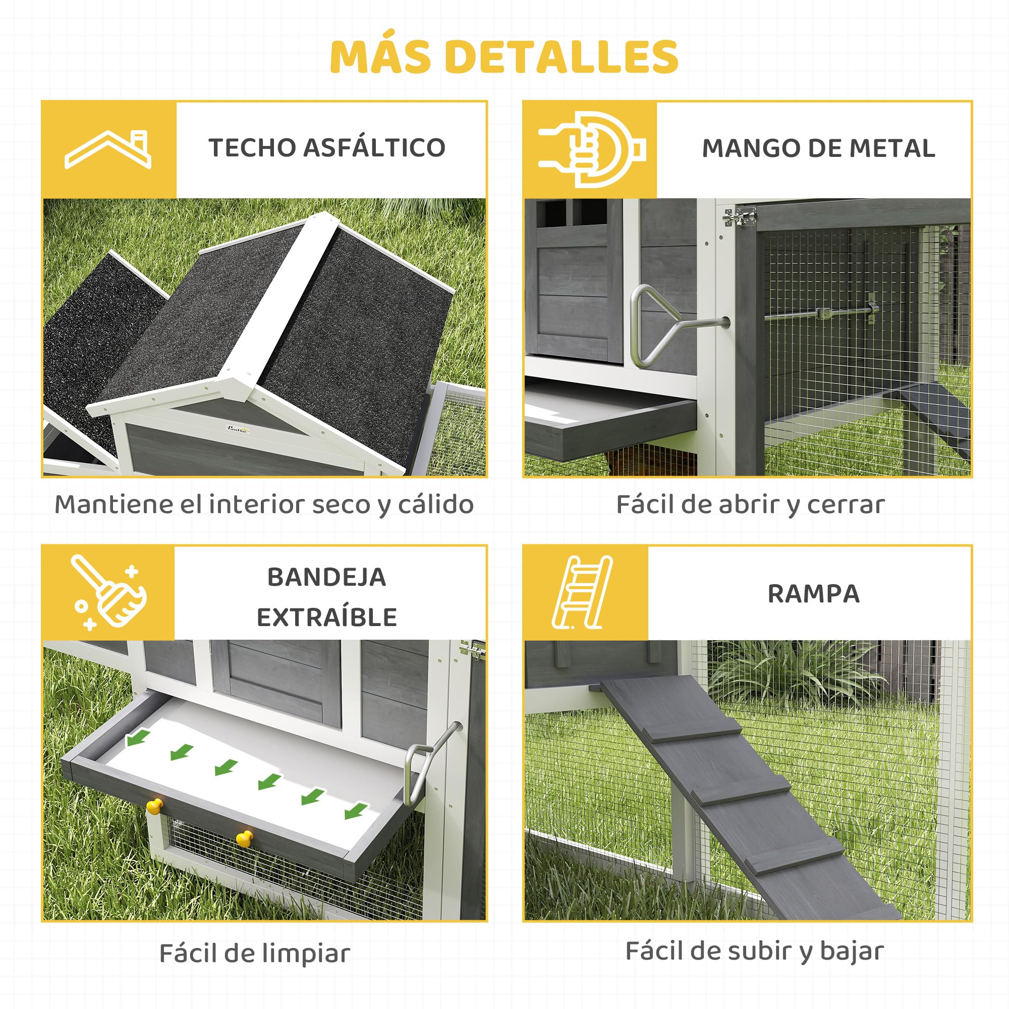 PawHut Gallinero Exterior Madera Grande 297,5x68x118 cm para 3-6 Gallinas con Nido Corral Bandeja Extraíble Techo Asfáltico Gris Blanco