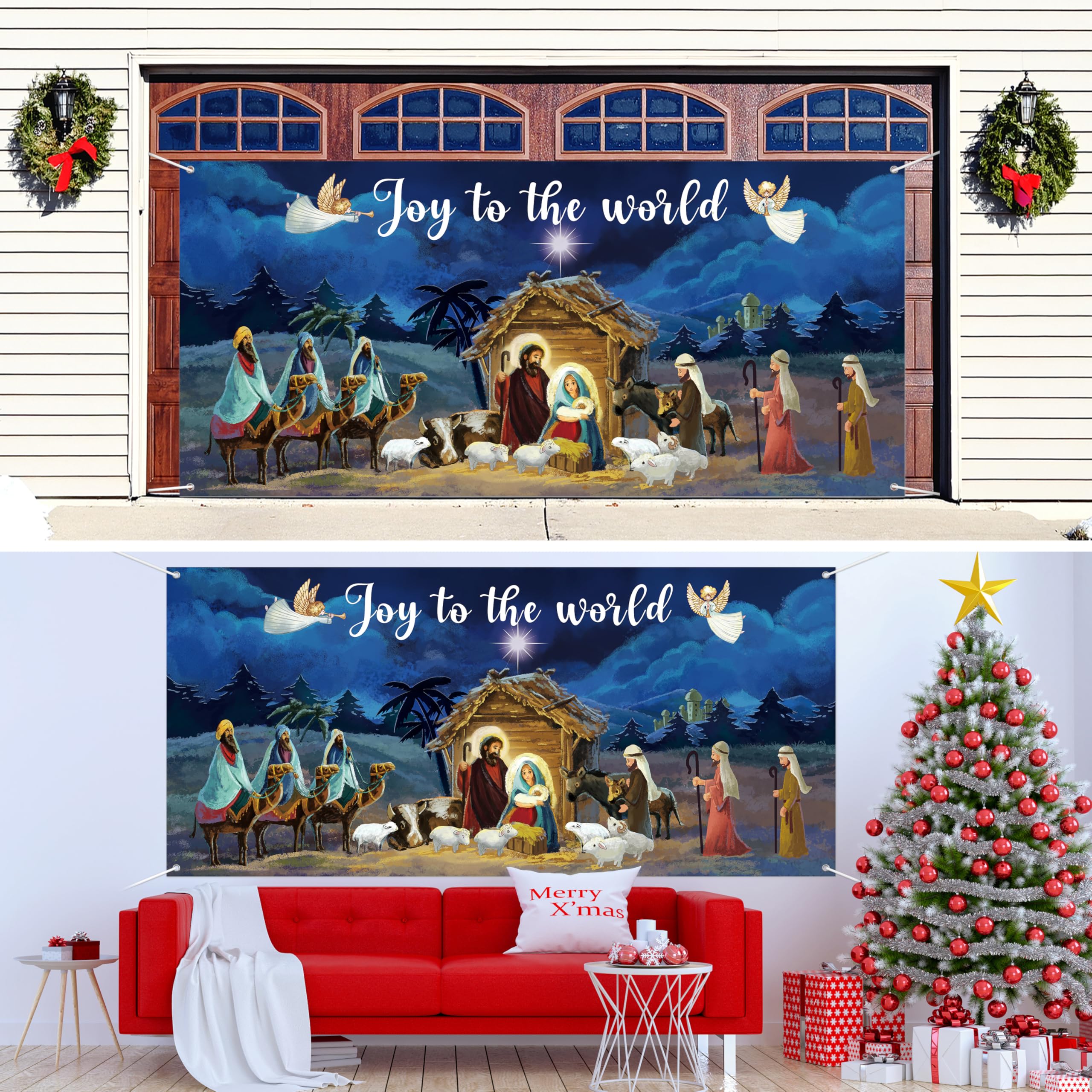 YCUCUEI Weihnachts-Garagentorbanner – Krippenmotiv 2,4x2,1m Für Festliche Dekoration Drinnen & Draußen