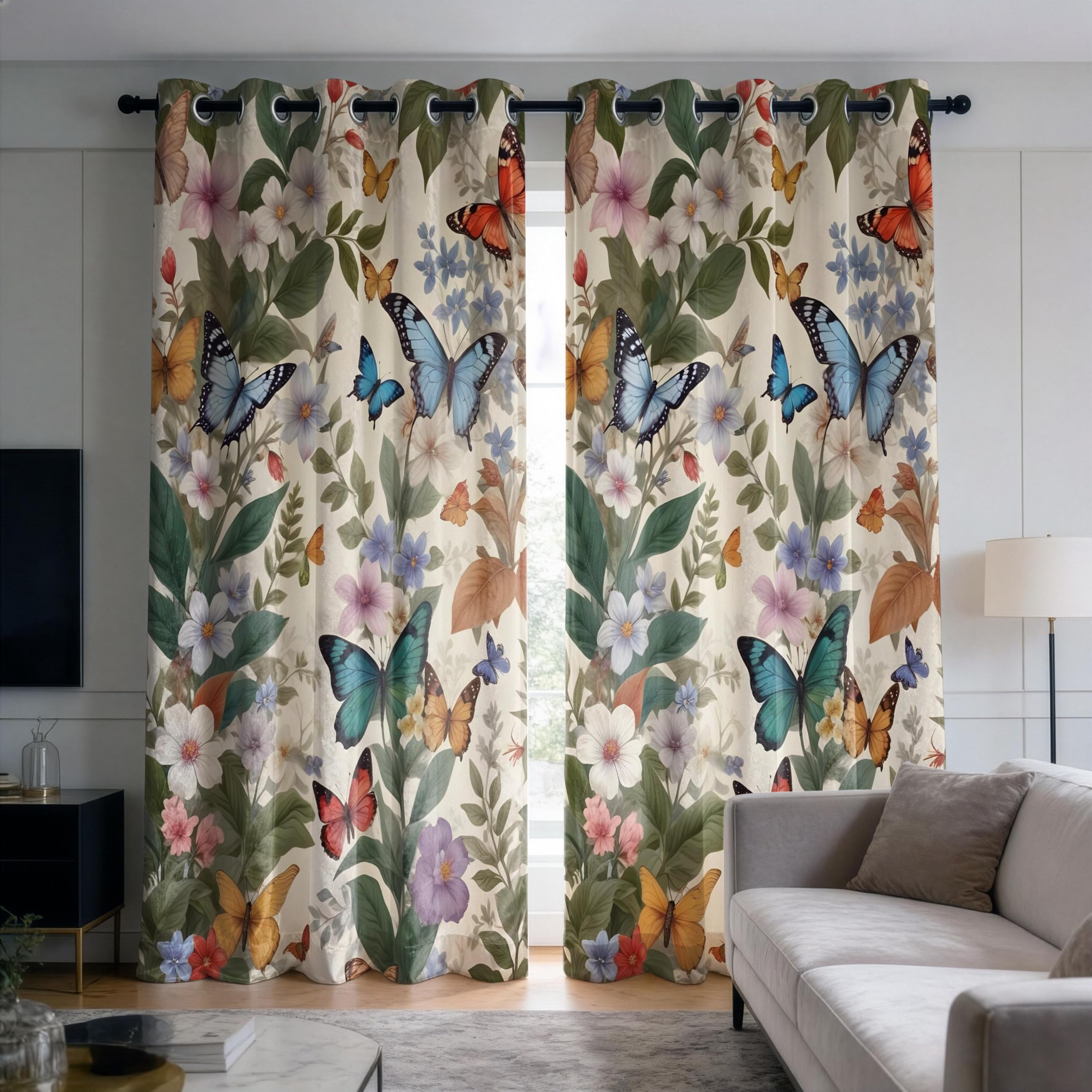IKDZCM Butterfly Floral Blackout Curtains for Bedroom, Botanical Drapes, Colorful Nature Eyelet Window Panels for Living Room(WxH/2x140x122cm)