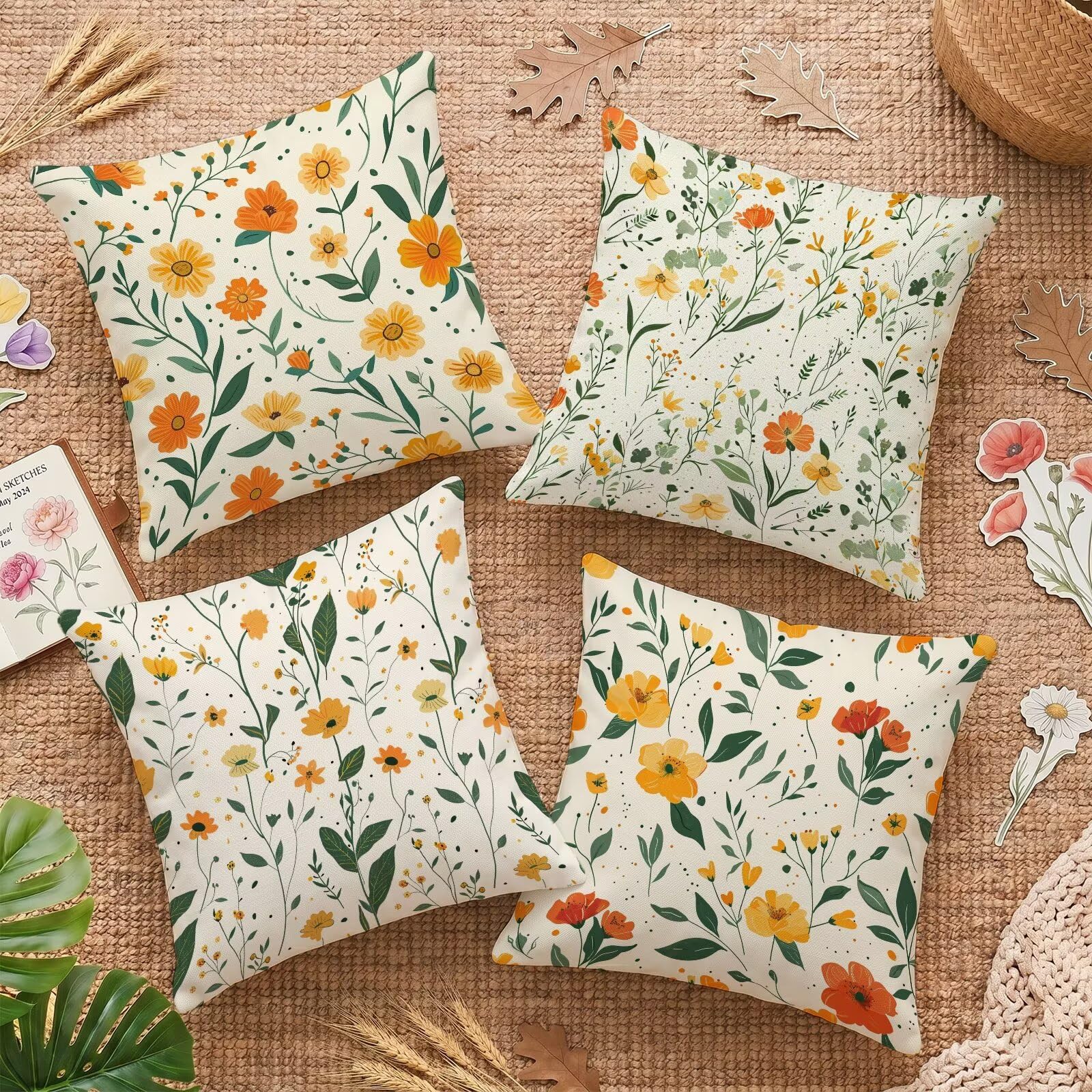 Housses de coussin 35x35cm orange velours motif fleurs