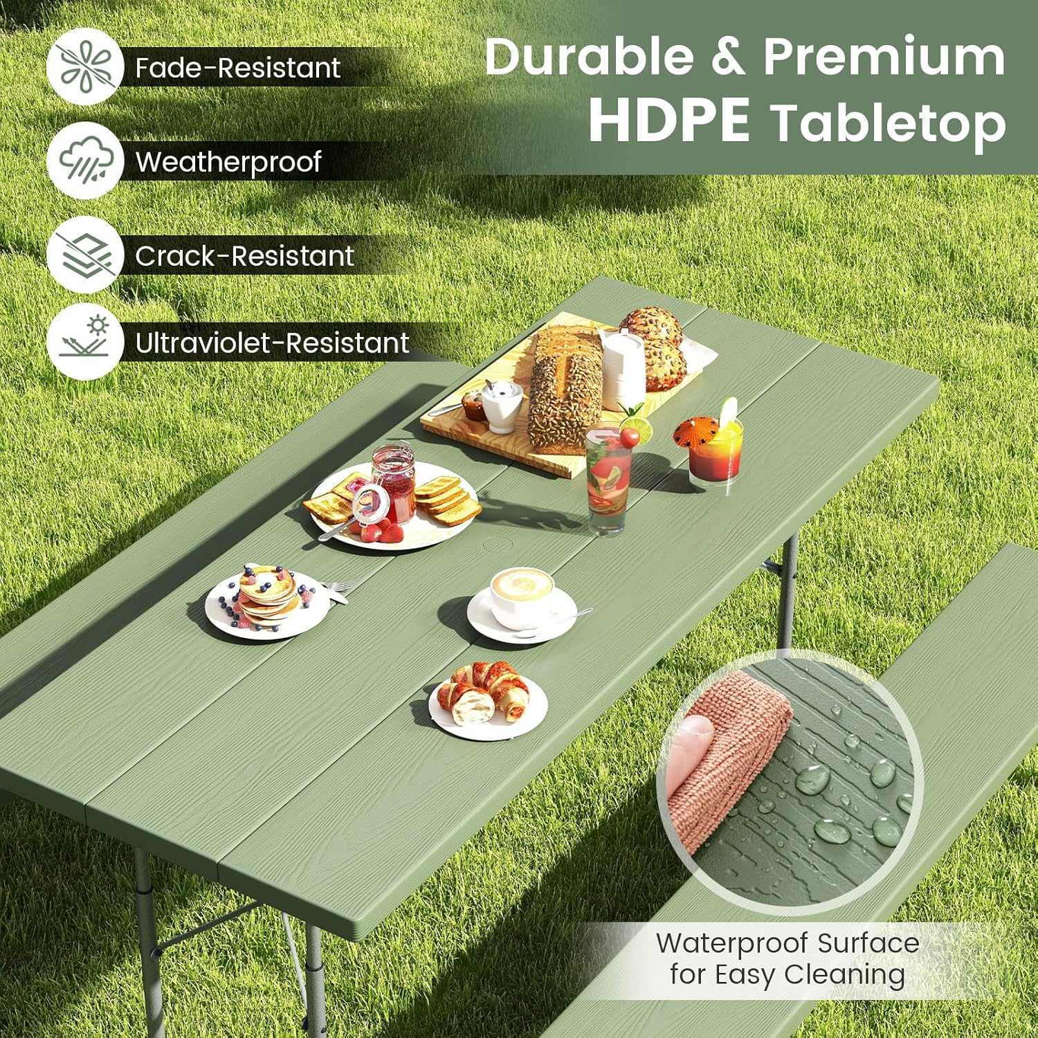 Giantex Folding Picnic Table - 6 FT Outdoor Table Bench Set for 8 Persons w/All-Weather HDPE Tabletop, Metal Leg, Umbrella Hole, Large Outside Dining Table for Patio Garden Yard Poolside (Green)