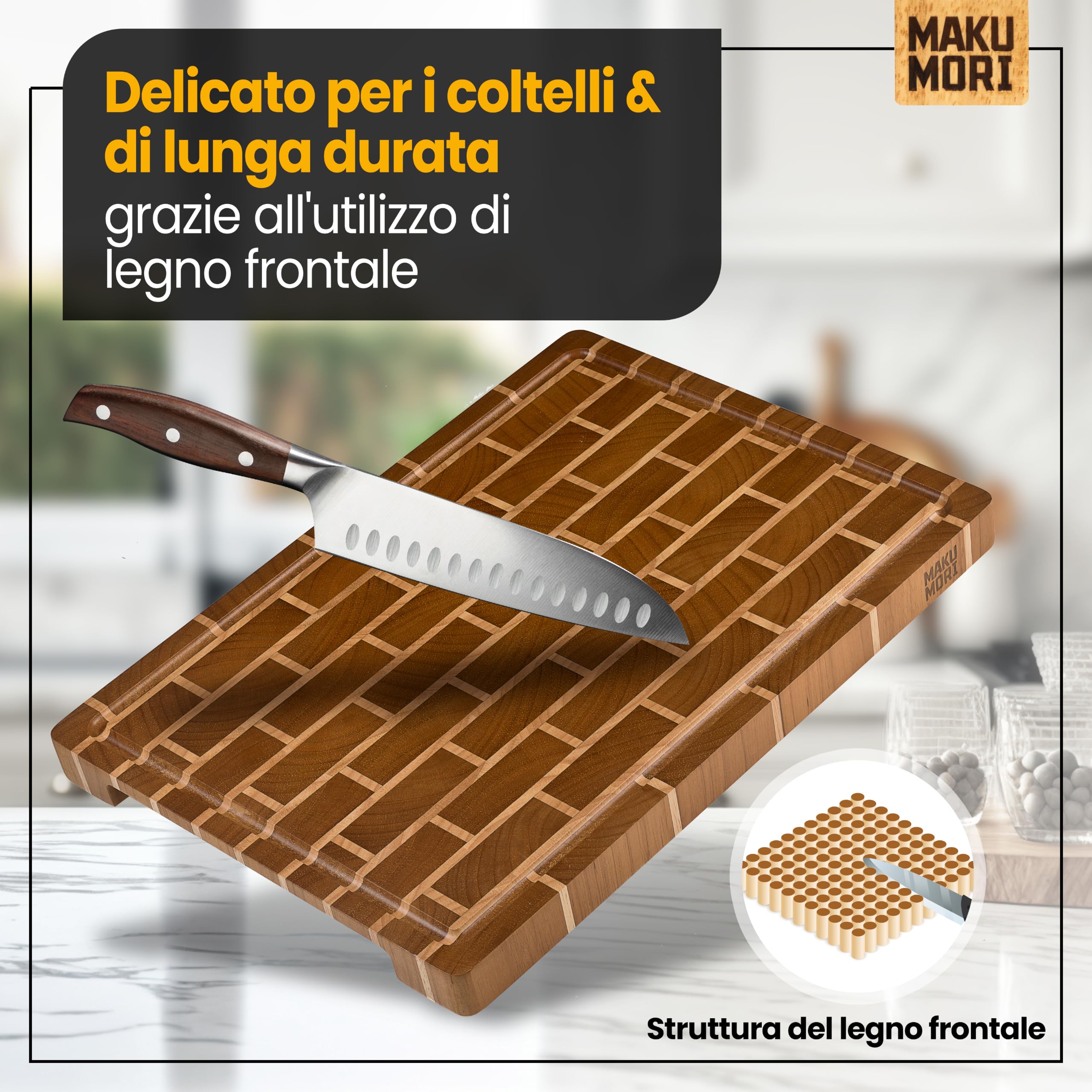 Premium Tagliere Legno di Testa 40x29x3cm Ladrillo Oscuro | Tagliere da cucina in hevea carbonizzato; FSC®; scanalatura per succhi; ampi manici; piedini in gomma antiscivolo