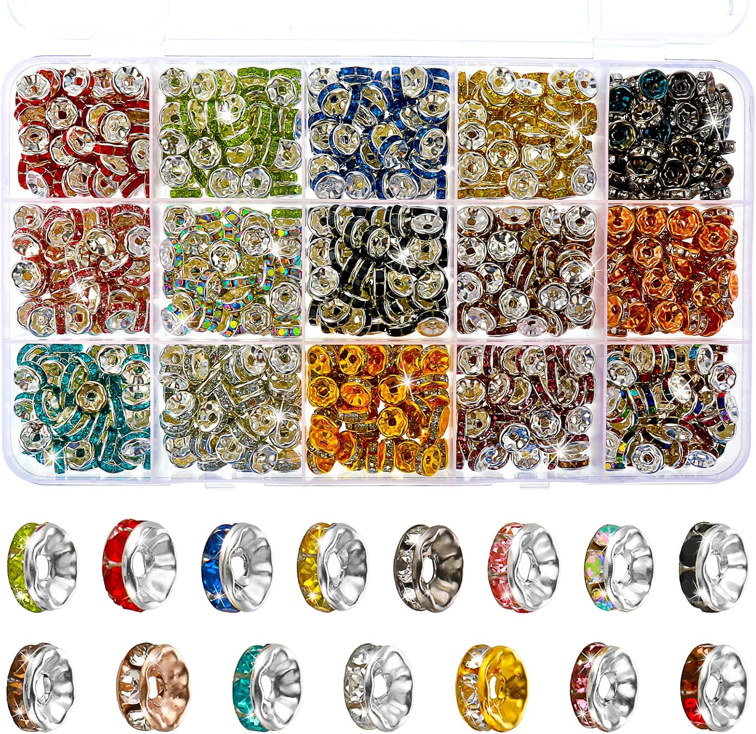 900Pcs 8mm Sparkling Crystal Spacer Beads, 15 Colors Crystal Plated