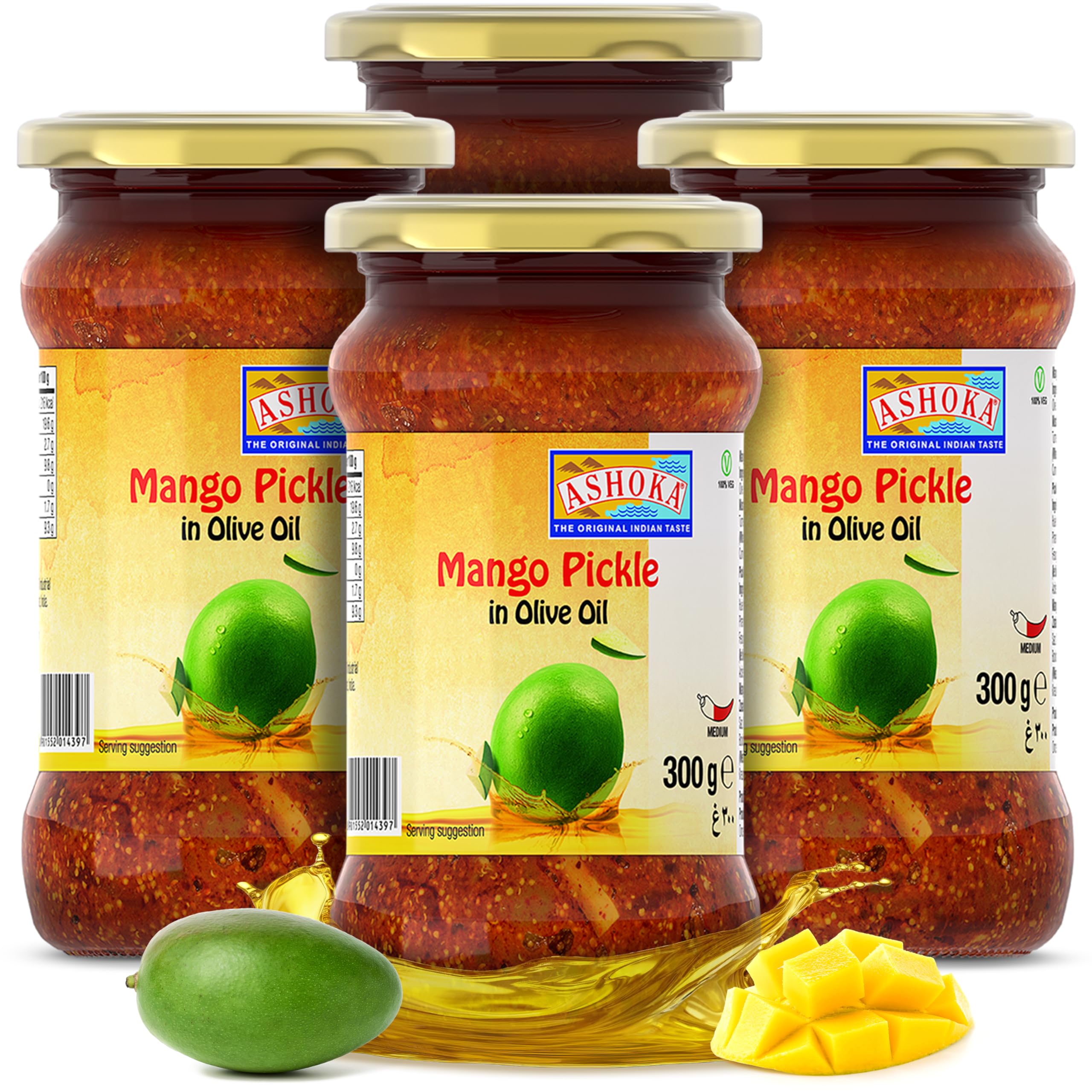 Ashoka Mango Pickle | Traditional Indian Pickle | Premiun Olive Oil | All Natural | Indian Pickle Jar | Medium Spiced | Great for Seasoning | Vegan | Kosher Certified | 300 Grams (Pack of 4)