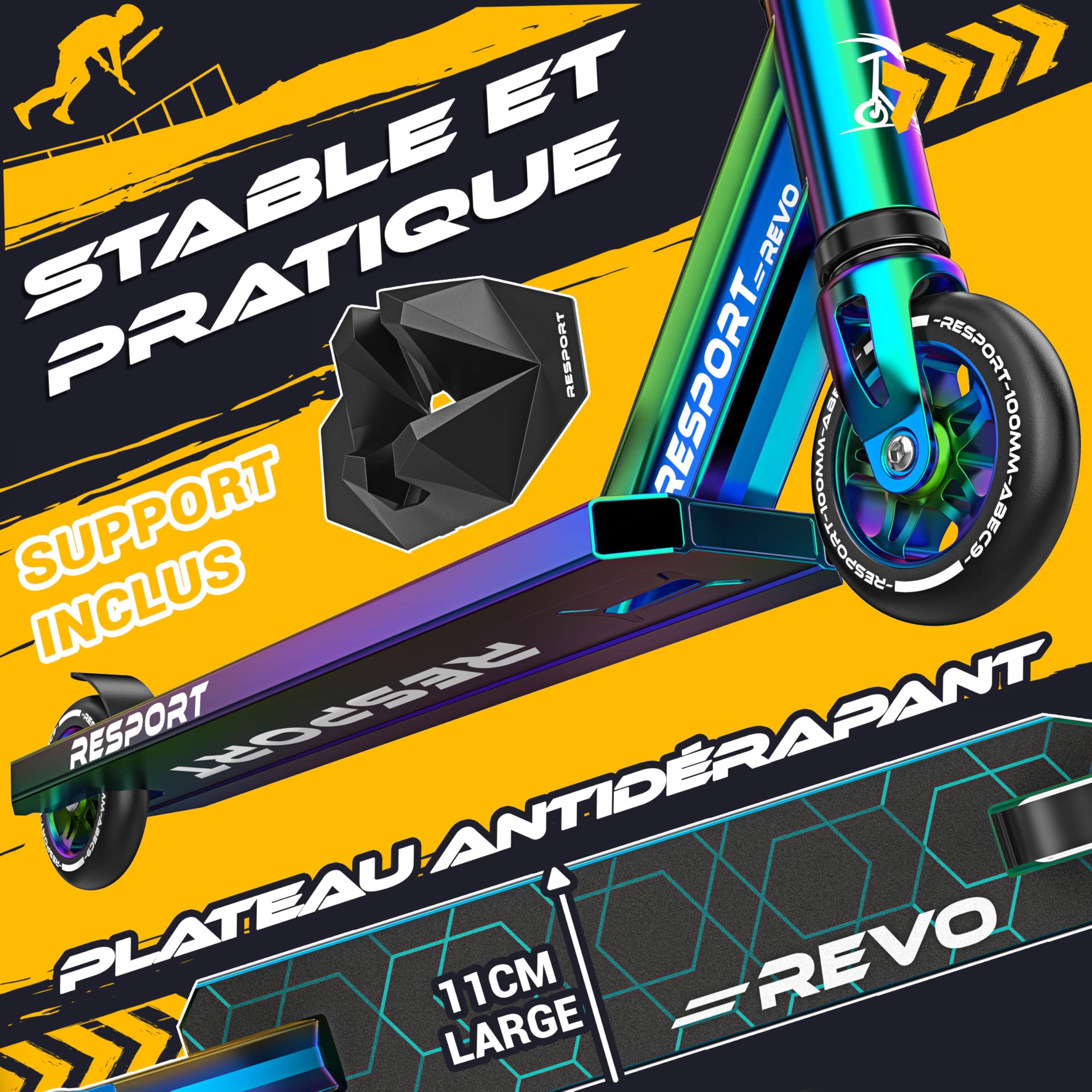 RE:SPORT Trottinette Stunt Revo pour enfants et adultes, avec support, 100 mm, roues en polyuréthane et barre en Y, roulement à billes ABEC 9, trottinette cascade, trottinette freestyle