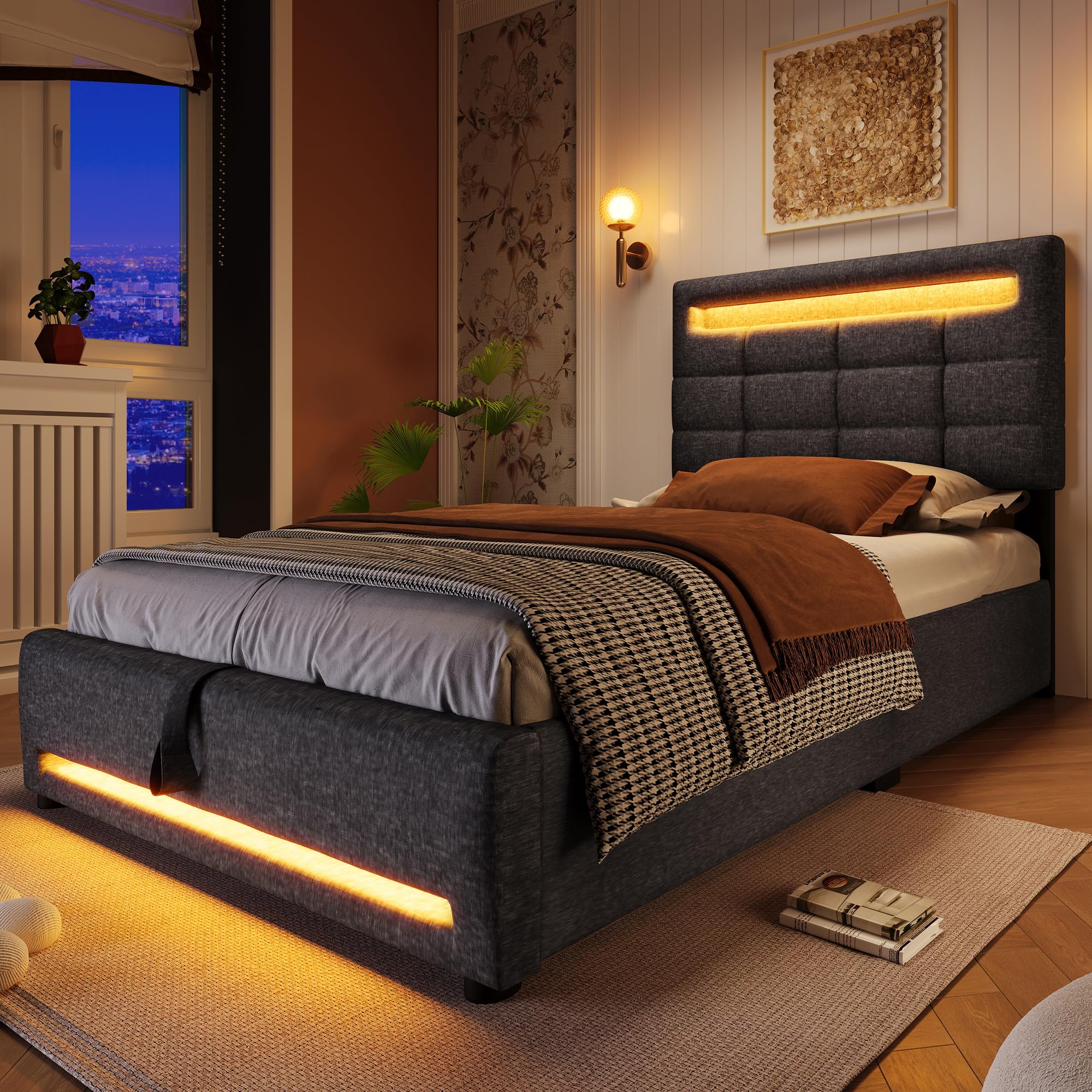 Letto Singolo con Contenitore 90x200 cm con LED e USB, Letto imbottito con Testiera e vano portaoggetti, Letto Contenitore con rete a doghe, Struttura Letto Singolo lino grigio