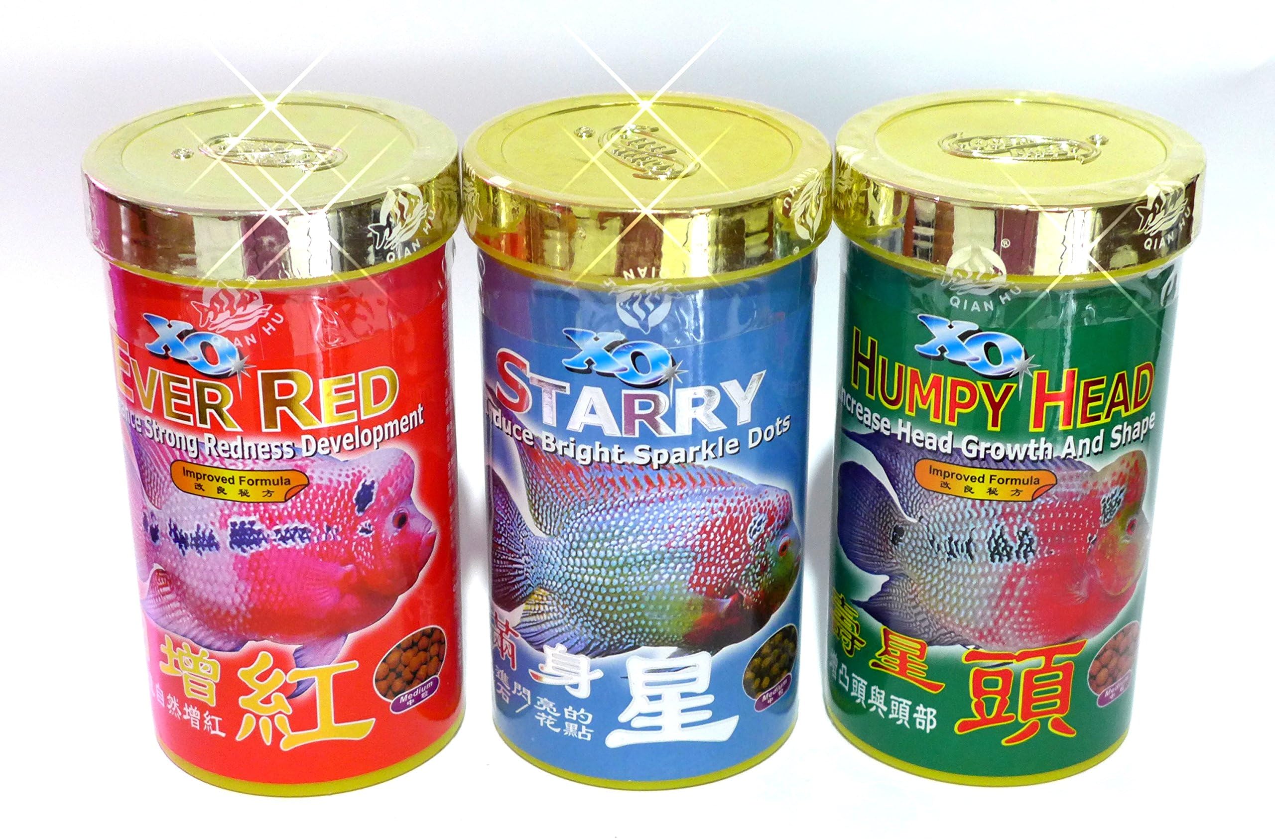 Xo EVER RED Enhance Strong Redness Development and HUMPY HEAD Increase head Growth And Shape Flowerhorn cichlid fish food 3 box 3 color