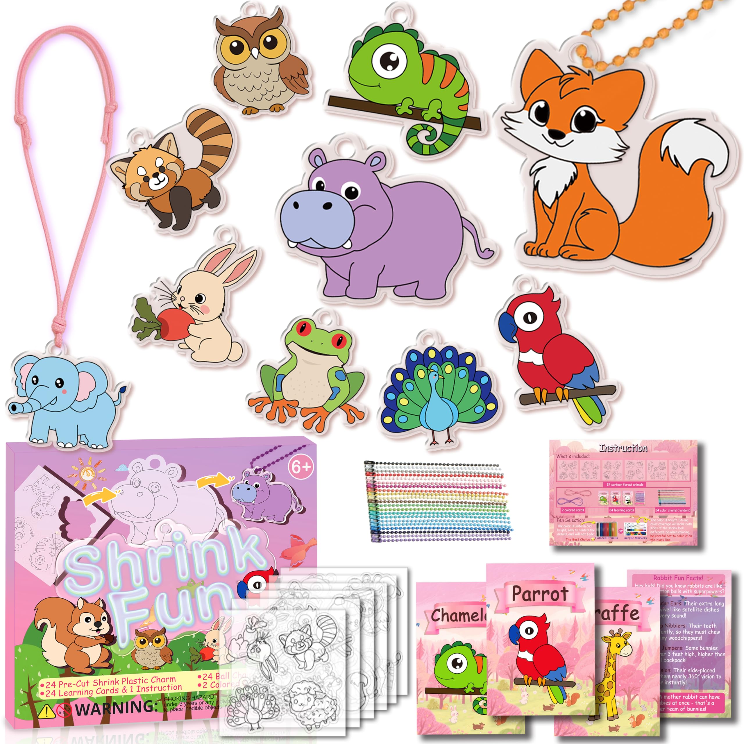 DONFYZ 75-Piece Crazy Plastic Magic Shrink Sheet Kit Kit for Children Includes 24 Pre-Cut Forest Animal Charms, 24 Learning Cards and More for Kids