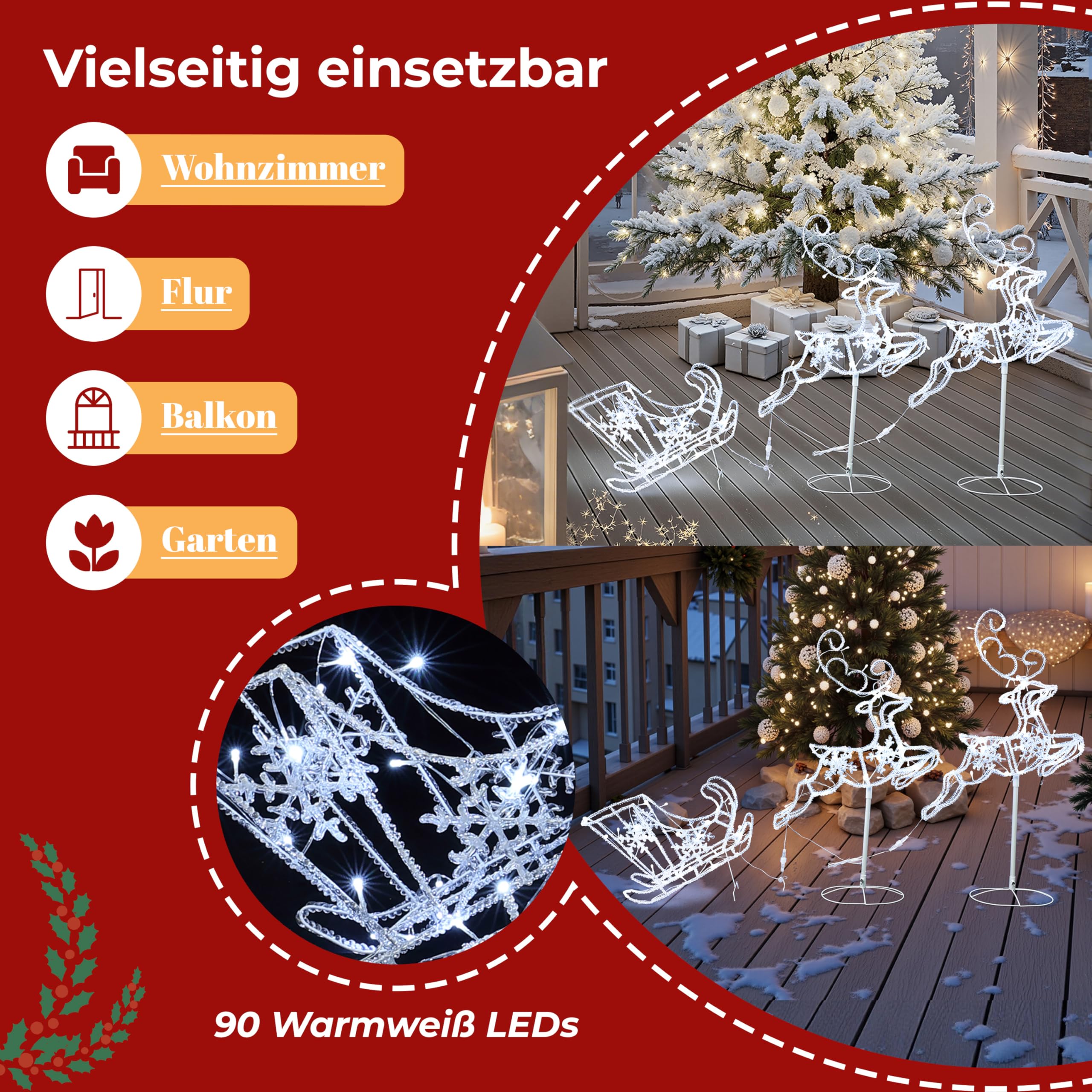 Hometopia LED 2 Rentiere mit Schlitten mit 250 LEDs 55 cm – Leuchtende Weihnachtsdekoration für Innen und Außen