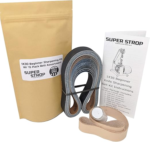 1X30 Super Strop Beginner Knife Sharpening Kit With 15 Pack Sanding Assortment and Leather Honing Belt - Detailed Instructions Included