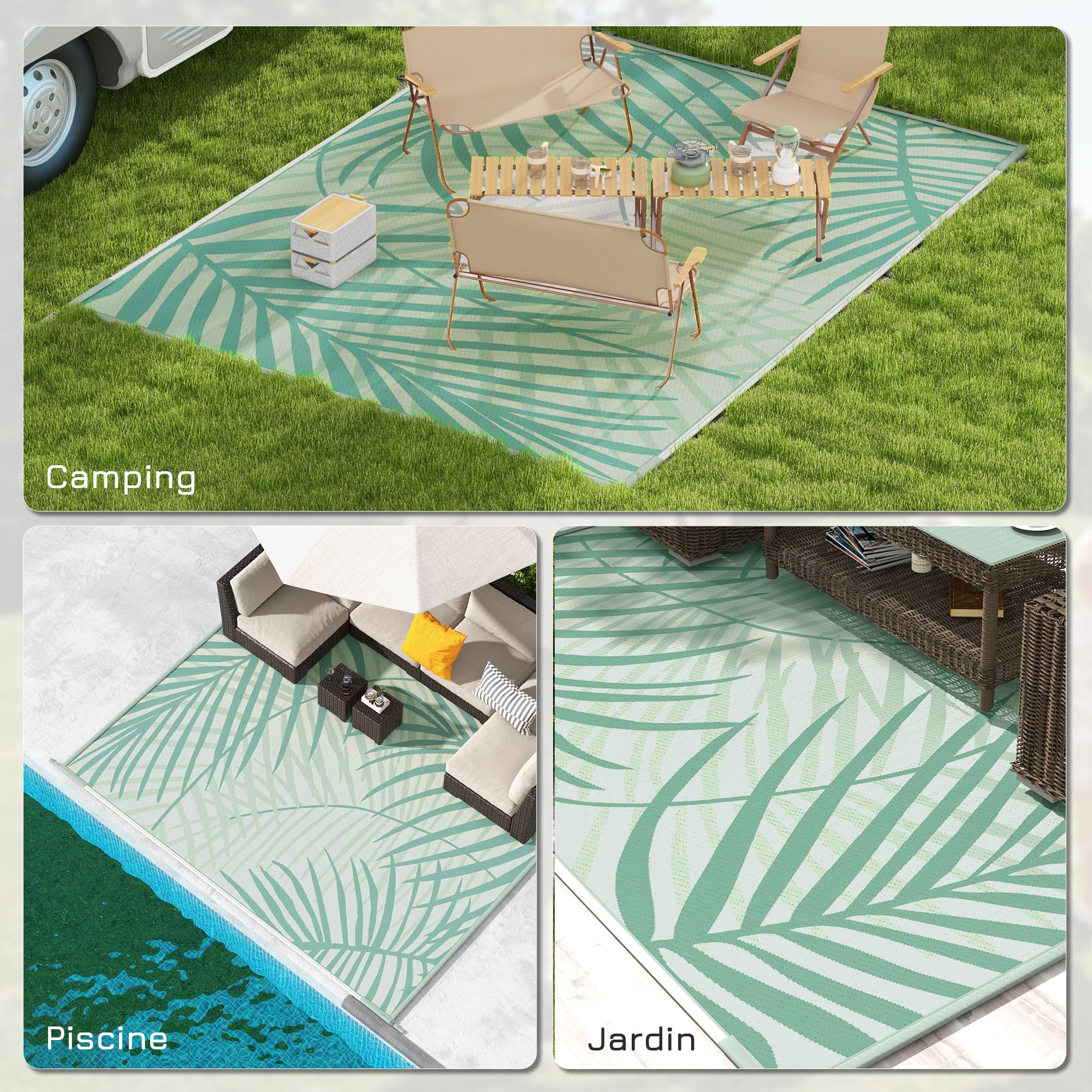Outsunny Tapis de Jardin Tapis d'extérieur réversible 365L x 274l cm imperméable Motif Feuillage avec Sac de Transport pour terrasse Balcon Camping, Vert crème