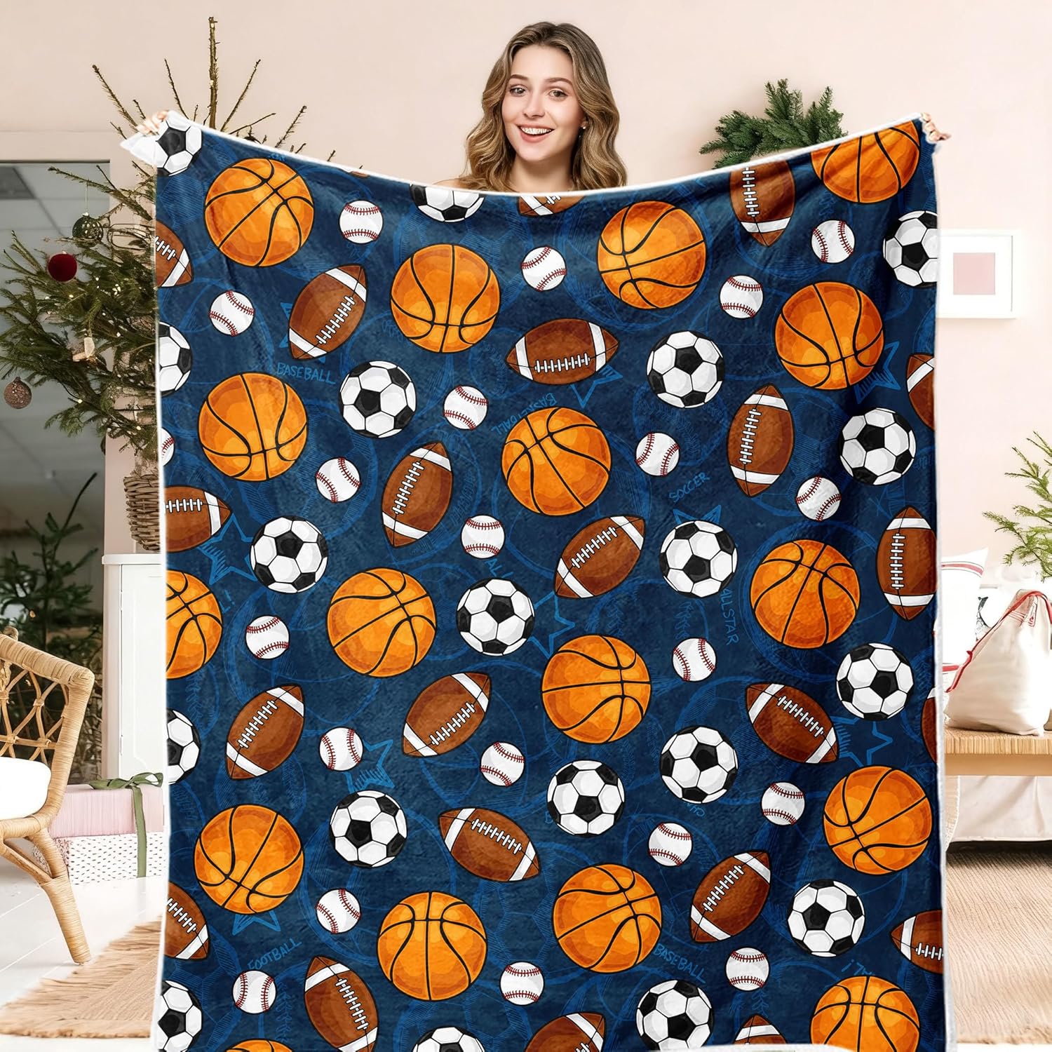 Baseball Blanket, Football Basketball Throw for Kids Boys Girls Youth, Ball Sports Themed Throw Blankets 50x60, Soccer Football Game Volleyball Plush Blanket, 60X90inch, Navy Blue