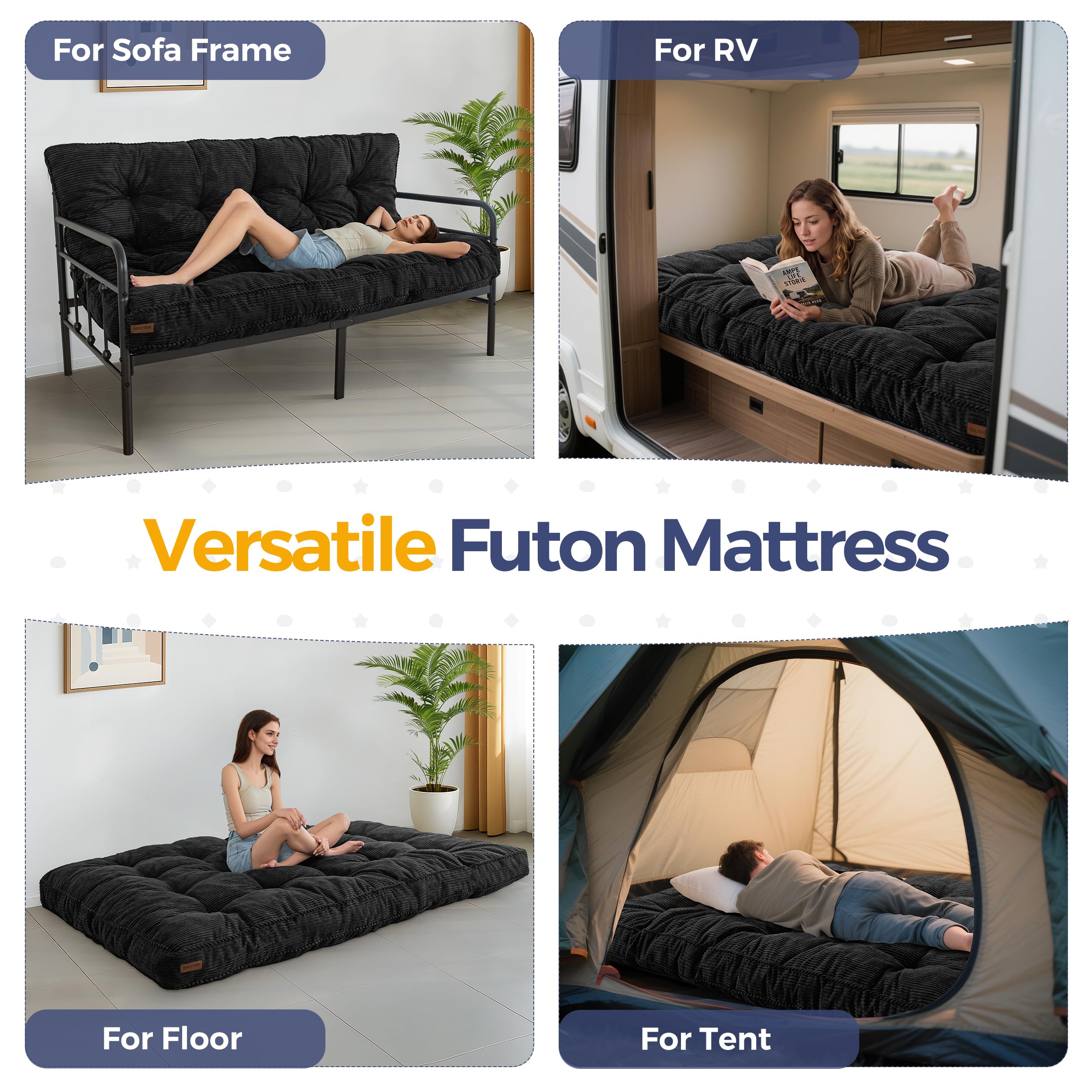 MAXYOYO 6" Futon Mattress Full Size, Tufted Futon Bed (Frame Not Included) | Thick Futons Sofa Couch, Versatile Floor Mattress for Adults, Shredded Foam Filling, Black