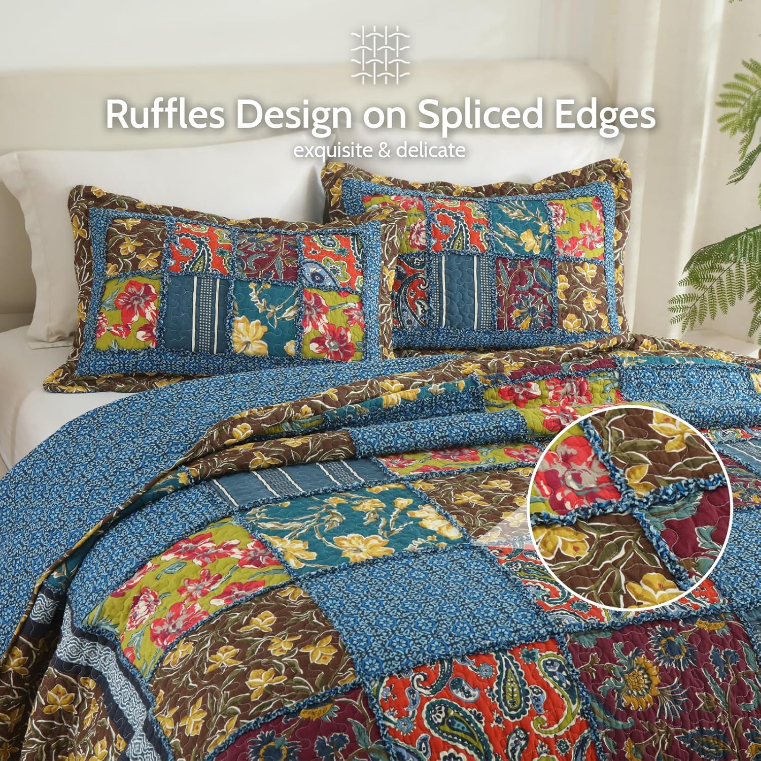 Yvooxny King Quilt Set Reversible Paisley King Size Quilted Bedspread Coverlet Set Country Farmhouse Cottage Quilted Bedding Set with Pillowcases for All Seasons, King Size, 108 * 96 Inches - Image 3