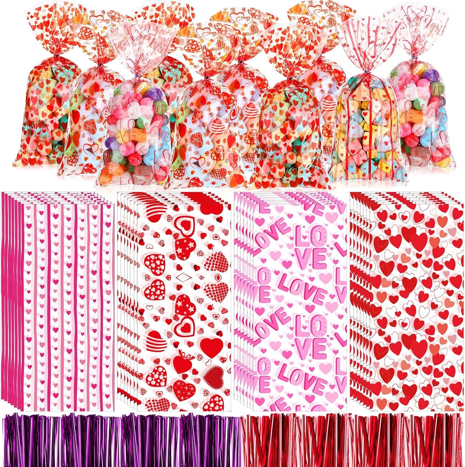 Spakon 200 Pieces Valentines Cellophane Treat Bags