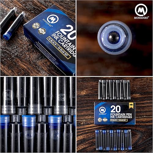 Miniatura 4 de MONAGGIO Cartuchos de tinta negra y azul para plumas estilográficas. Paquete grande de 20 cartuchos cortos de tamaño estándar internacional.
