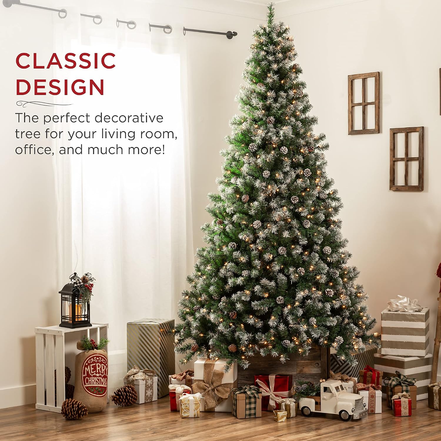 Best Choice Products 6ft Pre-Lit Pre-Decorated Pine Hinged Artificial Christmas Tree w/ 1,000 Flocked Frosted Tips, 59 Pine Cones, 250 Lights, Metal Base