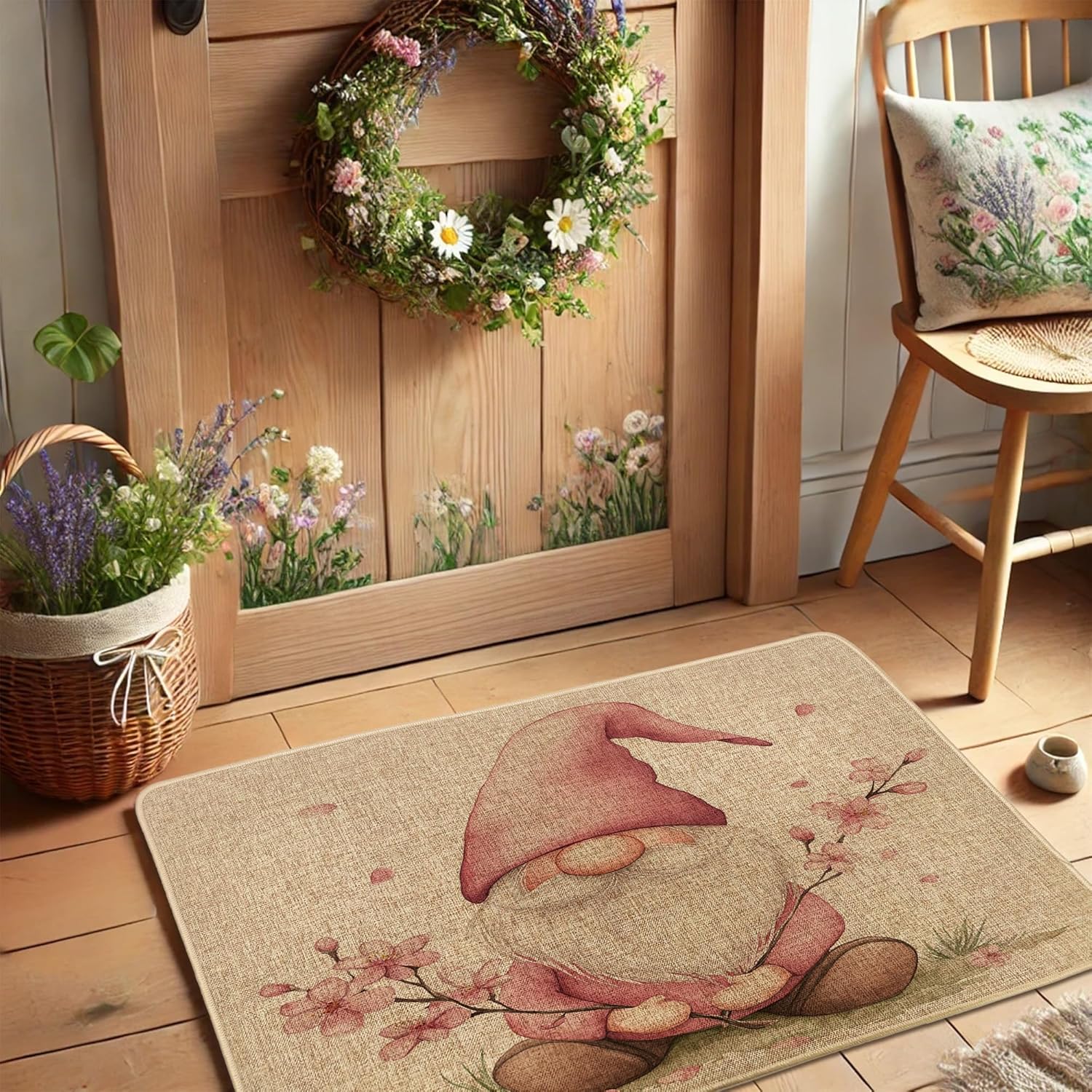 Spring Gnome Doormat, Peach Gnome Door Mat for Outdoor & Indoor Entrance Seasonal Decor, Rubber Waterproof Non-Slip Dust Absorbent Front Doormat, Easy Clean 29x17 Inch