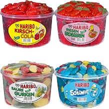 Haribo Cherry Cola Giant Strawberries Sour Cucumbers and Smurfs Set - 1 Round Tin