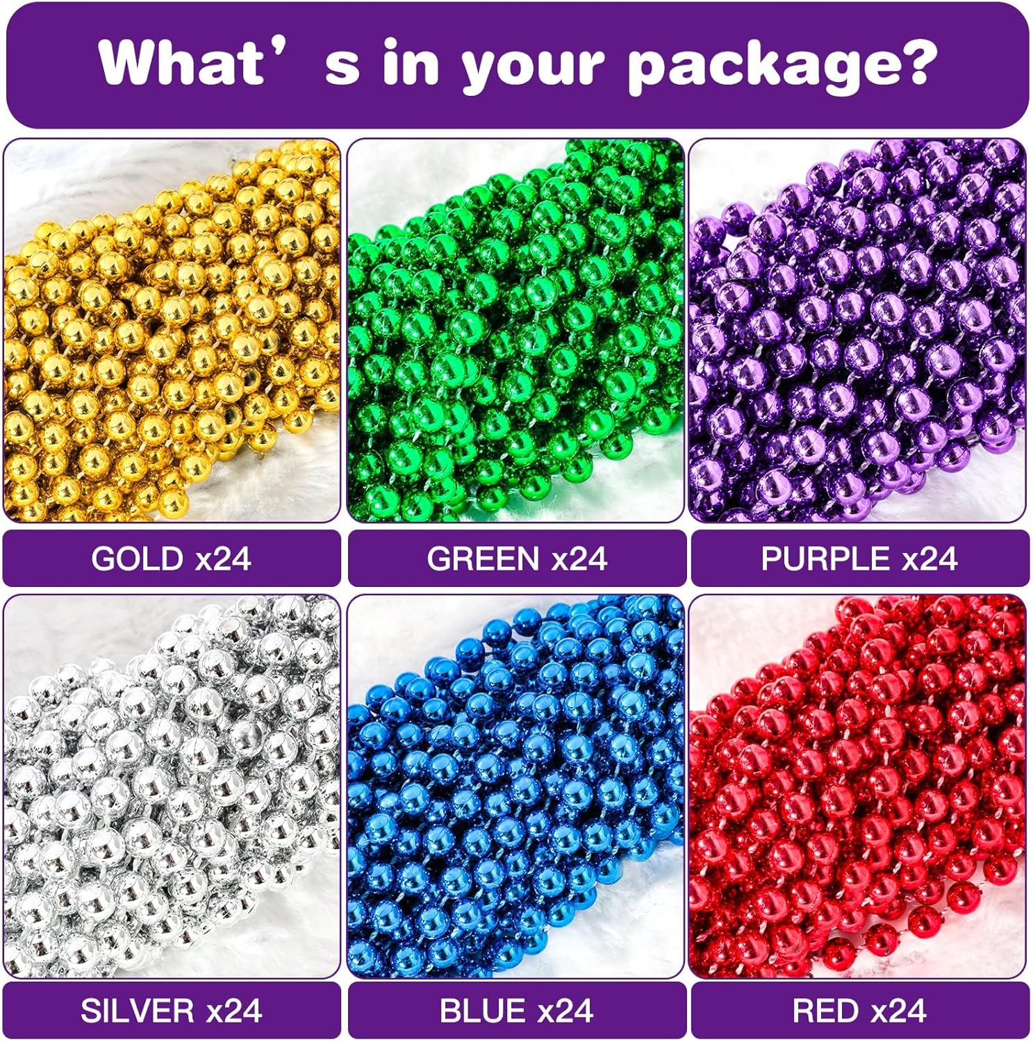 144 Pcs Mardi Gras Beads Bulk, 33 Inch 7mm Carnival Beaded Necklaces Decorations For Mardi Gras Festivals, Mardi Gras Parades, Night Club Dress-up Events Party Costume - Image 3